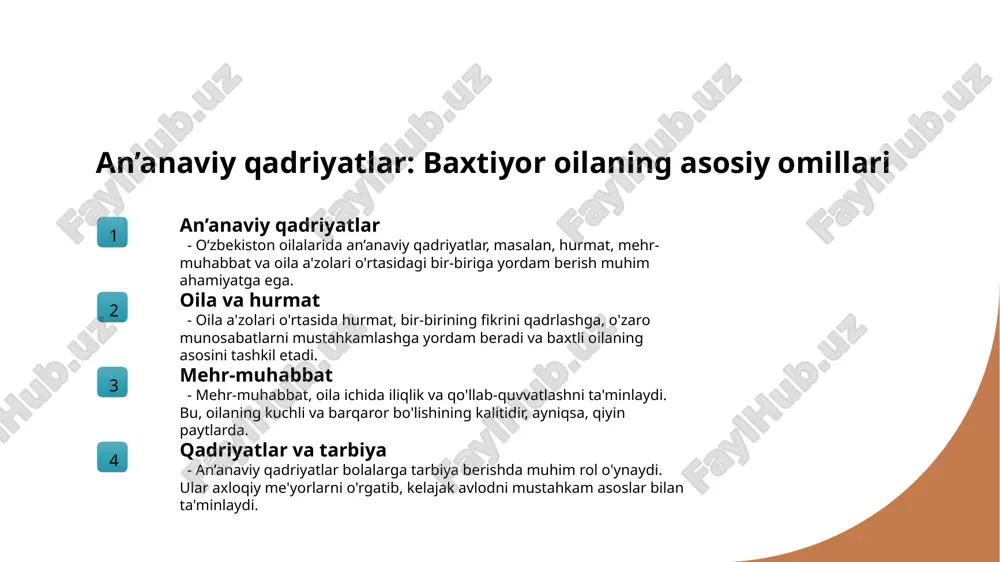 ydi va avlodlar o'rtasida birlikni ta'minlaydi. an'anaviy qadriyatlar oilaning jamiyatdagi o'rnini mustahkamlashga yordam beradi. bu qadriyatlar ijtimoiy aloqalarni yaxshilaydi va madaniy merosni saqlaydi. oila kengayishida an'anaviy qadriyatlar, masalan, hurmat, o'zaro yordam, va sevgi, oilaning barqarorligini oshirib, ijtimoiy barqarorlikka hissa qo'shadi. oila kengayishining ijtimoiy va iqtisodiy ta'sirlari. 1 ijtimoiy ta'sirlar - oila kengayishi, ijtimoiy aloqalarni kuchaytiradi, bu esa jamiyatda bir-biriga yordam beruvchi muhitni yaratadi va do'stlikni mustahkamlaydi. 2 iqtisodiy o'sish - oila kengayishi, iqtisodiy resurslarni ko'paytiradi. yangi a'zolar, qo'shimcha daromad manbalarini taqdim etishi mumkin, bu esa oilaning moliyaviy ta'minotini yaxshilaydi. 3 ta'lim imkoniyatlari - kengaygan oilalarda ta'limga bo'lgan ehtiyoj ortadi. bu, bolalarning sifatli ta'lim olishini ta'minlaydi va kelajakda ijtimoiy mobilitaga yordam beradi. 4 madaniy meros - oila kengayishi, madaniy merosni saqlashda muhim rol o'ynaydi. yosh avlod, an'anaviy qadriyatlarni o'z ichiga olgan oilaviy tajribalarni avloddan avlodga o'tkazadi. oila kengayishida madaniy meros va uning saqlanishi. madaniy merosning ahamiyati oila kengayishida madaniy meros o'ziga …