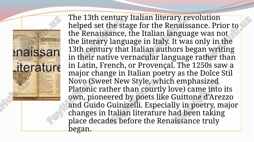 nte alighieri, lyric poetry became exclusively tuscan. the whole novelty and poetic power of this school consisted in, according to dante, quando amore spira, noto, ed a quel niodo ch’ei detta dentro, vo significando—that is, in a power of expressing the feelings of the soul in the way in which love inspires them, in an appropriate and graceful manner, fitting form to matter, and by art fusing one with the other. love is a divine gift that redeems man in the eyes of god, and the poet’s mistress is the angel sent from heaven to show the way to salvation.the literature and poetry of the renaissance was largely influenced by the developing science and philosophy. the humanist francesco petrarch, a key figure in the renewed sense of scholarship, was also an accomplished poet, publishing several important works of poetry. he wrote poetry in latin, notably the punic war epic africa, …