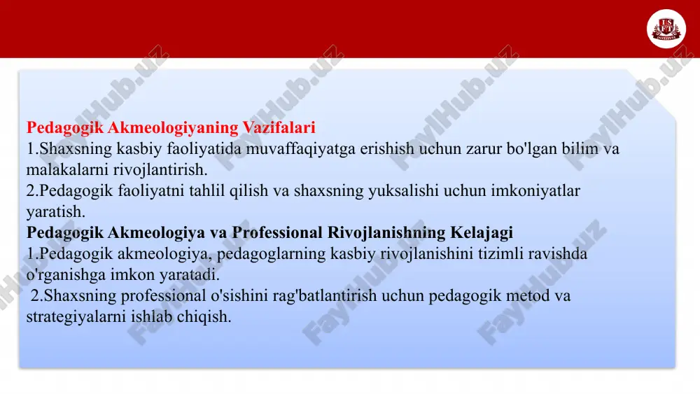 ommunikativ texnikaning ko‘plab turlaridan foydalanish; shaxsning muayyan bir kasbda rivojlanishi jarayoni psixologiyada professionalizatsiya deyiladi. professionalizatsiya yaxlit jarayon bo‘lib, kasb tanlashdan boshlab shaxsning butun umrini qamrab oladi. professionalizatsiyaning to‘rt bosqichi mavjud: 1) kasbni izlash va kasb tanlash; 2) kasbni o‘zlashtirish; 3) ijtimoiy va kasbiy adaptatsiya; 4) kasbiy faoliyatni amalga oshirish. shaxs va kasbiy faoliyat tuzilishining o‘zaro ta’siri va o‘zaro munosabati, mutaxassis shaxsining shakllanishi, professionalizatsiya muammosi ye.a.klimov, t.v.kudryasev, yu.p.povarenkov, o.g.noskova, n.s.pryajnikov, ye.yu.pryajnikova va boshqalarning ilmiy tadqiqot ishlarida tadqiq etilgan. ushbu tadqiqotlarga b.g.ananev, k.a.abulxanova-slavskaya, a.i.ansiferova, b.f.lomovlarning shaxs va faoliyatning o‘zaro aloqasi, shaxsning hayot yo‘lida rivojlanishi, qiyin vaziyatlarda insonning rivojlanishi haqidagi qarashlari nazariy asos qilib olingan. professionalizm – akmeologiyaning muhim tushunchasi sifatida yetuk mutaxassis shaxsining ko‘rsatkichlari: -mazkur kasbning ahloqiy qadriyatlari va mentalitetini tushunish; -shaxsiy kasbiy tajribasini to‘plash va tahlil qilish; o‘z kasbining ustasi sifatida namoyon eta olish, kasbiy rivojlanishi uchun eng qulay ssenariyni tashkil eta olish; -o‘z imkoniyatlaridan maksimal darajada foydalana olish va kompensatsiya …