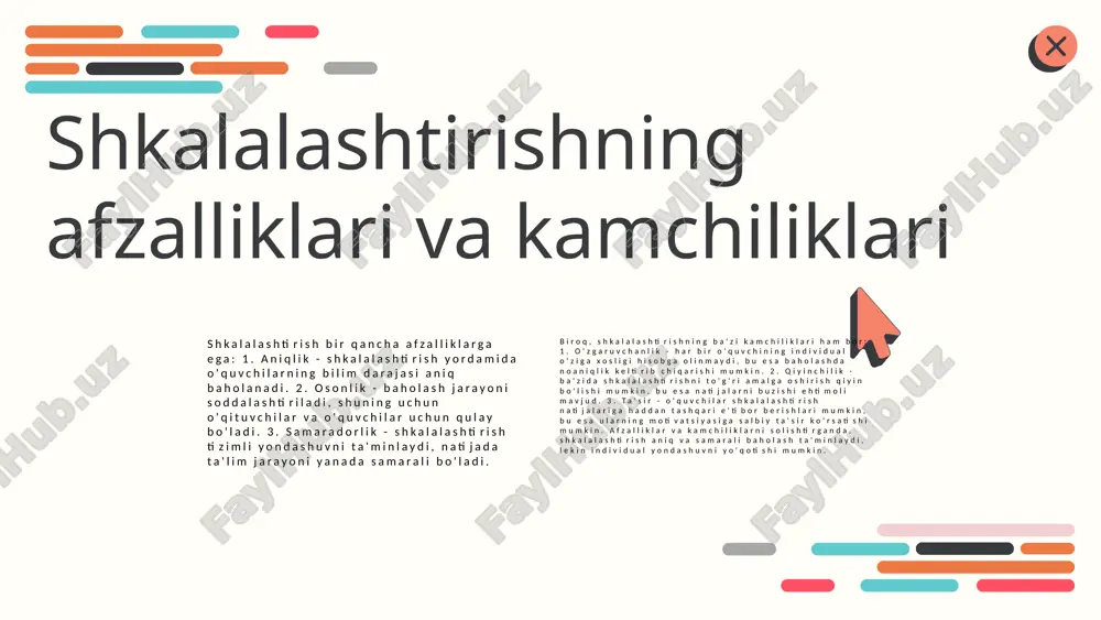darajasini oshirishga va sifatli ta'limni ta'minlashga xizmat qiladi. * shkalalashtirish va o'quv jarayoni shkalalashtirish, o'quv jarayonida, o'quvchilarning bilimlarini baholashda muhim rol o'ynaydi. bu jarayon talabalarning o'z bilim darajasini aniqlash va rivojlantirish uchun asos bo'ladi. o'qituvchilar uchun shkalalashtirish, dars jarayonida samaradorlikni oshirish, talabalarning individual ehtiyojlarini hisobga olish va o'quvchilarni baholashda aniq va adolatli yondashuvni ta'minlash imkonini beradi. shkalalashtirish va o'qitish uslublari o'qitish uslublari va shkalalashtirish o'rtasida bevosita aloqalar mavjud. turli o'qitish uslublari talabalarning o'rganish jarayoniga ta'sir ko'rsatadi, shkalalashtirish esa ushbu jarayonda muvaffaqiyatni oshirishga yordam beradi. shkalalashtirish talabalarning o'zlashtirish darajasini aniqlash va o'quv jarayonini shaxsiylashtirish imkonini beradi. bu orqali har bir talabaning o'ziga xos ehtiyojlarini hisobga olib, o'quvchilarni muvaffaqiyatga erishtirishga yordam beradi. o'qitishda shkalalashtirishni qo'llash uchun bir necha strategiyalar mavjud: talabalarning individual o'ziga xosligini inobatga olish, o'qitish uslublarini moslashtirish va natijalarni doimiy ravishda baholash. bu jarayonlar o'qitish samaradorligini oshiradi. xulosa 1) o'lchov usullari ta'limda muhim ahamiyatga ega. 2) ular o'quvchilarning bilim va …