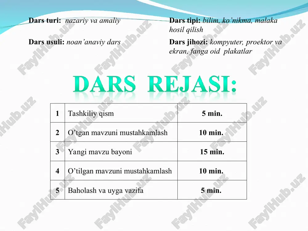 gi masofa tanlanadi abzas parametrlari tartibli va markerli ro’yxat hosil qilish abzasning chap va o’ng hoshiyadan chekinishi satrni chegaralash abzas tekislash usullari abzas satrlari oraliq masofasini tanlash satr rangini tanlash abzas va satrni tugashi abzasning tekislanish usuli abzas satrlarining chekinishi abzasdagi o’zgarishlarni ko’rib turish darchasi abzasda satrlar intervali abzas bosh satri chekinishin savollar rasmiy hujjatlarga misollar keltiring. hujjatlarning asosiy parametrlarini sanab o'ting. matn parametrlari deganda nima tushuniladi? sahifa o'lchamlari qanday o'rnatiladi? sahifa yo'nalishi deganda nima tushuniladi? hoshiya nima va u qanday o'rnatiladi? abzas chekinishi deganda nimani tushunasiz? sizning kompyuteringizda qanday shrift yozuv shakllari bor? shrift o'lchami haqida gapirib bering. shrift rangini qanday o'zgartirish mumkin? satrlar orasidagi masofa qanday o'zgartiriladi? mashqlar 1. «tarjimayi hol» nomli hujjatda shrift o'lchamlarini, ranglarini, abzasning tekislanish usuli, chekinishlarini o'zgartiring. 2. sahifa parametrlaridan albom sahifasini tanlab, shriftning turli rang va o'lchamlaridan foydalanib «mening vatanim» nomli besh satrdan iborat huijat tayyorlang. uyga vazifa