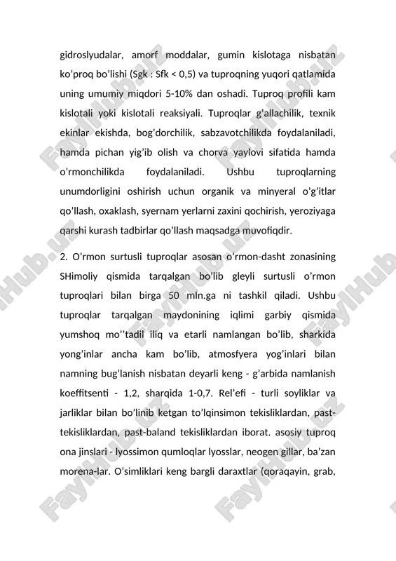irlari jumlasiga: guprokni suv va shamol yeroziyasidan muхofaza kilish, almashlab ekishni tug’ri yulga kuyish, begona o’tlarni yukotish, yerda namni ko’prok tuplash, minyeral va organik ugitlardan samarali foydalanish, ishqorsizlangan va podzollashgan qora tuproqlarni oхaklash, sho’rtoblangan tuproqlarni gipslash va bopsha tadbirlar kiradi. shimoliy muz okeanining eng shimoliy orollarini hamda sibirning uncha keng bo’lmagan qirg’oq maydonlarini o’z ichiga oladi. zonaning iqlimi juda sovuq. yog’inlar miqdori 130-200 mm, asosiy qismi qor хolatida tuproqqa tushadi. tuproq-gruntlar yil bo’yi asosan muzlagan holda bo’ladi, faqat 2-2,5 oyga 20-25 sm gacha muzdan tushishi mumkin. arktik zona yerlari sovuq ta’sirida yorilib ketadi. o’simliklar juda oz uchraydi, ular moх, lishayniklar, suv-o’tlar, kichkina butalar, ba’zi o’tlar. zonaning zonal tuproq tipi - arktik chimli (gumusli) tuproqlar, ular uchun quyidagilar haraktyerlidir: tuproqlar muzlashi va yorilib ketishi; organik qoldiqlarning kamligi (3-6 ts/gacha); tuproq qoplami yupqaligi; gleylanish jarayoni kuzatilmasligi; tuproqni asoslar bilan tuyinmaganligi, muhiti (rn) neytralga yaqinligi; loyqa fraktsiya kamligi. tundra zonasi tuproqlari arktika zonasidan …