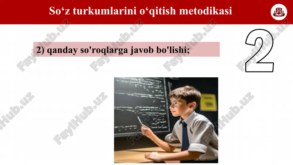 va kitobim, akang va kitobing, akasi va kitobi kabi oxiri unli hamda undosh tovush bilan tugagan otlar so'z tarkibiga ko'ra tahlil qilinadi, qo'shimchalar taqqoslanadi, suhbat asosida xulosa chiqariladi: oxiri unli tovush bilan tugagan otlarga -m, -ng, -si, -miz, -ngiz, -si egalik qo'shimchalari, oxiri undosh tovushlar bilan tugagan otlarga -im, -ing, -i, -imiz, -ingiz, -i egalik qo'shimchalari qo'shiladi. otni o‘rganish metodikasi otlarning egalik qo'shimchalari bilan qo`llanishini o'rgatish. — tilda uchta shaxs mavjud: i shaxs - so'zlovchi ii shaxs — tinglovchi iii shaxs — o’zga otni o‘rganish metodikasi otlarning kelishik qo'shimchalari bilan qo'llanishini o'rgatish. kelishiklar sintaktik kategoriya hisoblanadi. kelishik otlarning gapda boshqa so'zlar bilan munosabatini ifodalaydi. demak, kelishiklarni o'rgatishda o'quvchilarning gapda so’zlarning bog'lanishini bilishlari nazarda tutiladi. kelishiklar ustida ishlashni o'quvchilar gapda ma’no va grammatik tomondan bog'langan so'zlarni (so'z birikmalarini) ajratishga o'rganganlaridan so'ng boshlanadi. otni o‘rganish metodikasi 4-sinfda ot ustida ishlashning asosiy vazifasi fikr bayon qilishda otning kelishik shakllaridan ongli foydalanish va kelishik …