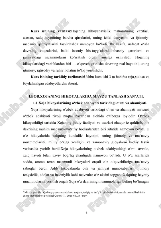 ammo teran mazmunli hikoyalari orqali o‘z o‘quvchilariga ma‘naviy saboqlar berdi. adib hikoyalarida oila va jamiyat munosabatlari, ijtimoiy tengsizlik, adolat va insoniylik kabi mavzular o‘z aksini topgan. xalqning hayotiy muammolarini yoritish orqali xoja o‘z davrining muammolariga befarq bo‘lmagan ijodkor sifatida maydonga chiqdi. uning asarlari xalqning o‘ziga xos madaniyati, urf-odatlari va an‘analarini aks ettirgan holda milliy o‘zlikni anglashga xizmat qildi.xoja hikoyalarining yana bir muhim jihati – ularning tili va uslubi hisoblanadi. adibning tiliga xalqona iboralar, maqol va matallar, xalq og‘zaki ijodidan olingan misralar kirib, ularning boyligi va mazmunan teranligini oshirgan. xalqning kundalik hayoti, uning ichki kechinmalari va ma‘naviy dunyosi xoja hikoyalarida o‘z ifodasini topgan. shu sababli, uning hikoyalari xalq hayotining turfa qirralarini yorituvchi badiiy xazina sifatida qaraladi.xoja hikoyalaridagi mavzularning turli-tumanligi va badiiy tasvirlarning teranligi ularni o‘z davrining boshqa adabiy namunalaridan ajratib turadi. adib o‘z hikoyalarida sodda, ammo mazmun jihatidan boy bo‘lgan tasviriy vositalardan foydalanib, hayotiy voqealarni yoritgan. bu esa o‘quvchilarni hikoya mazmuniga …
