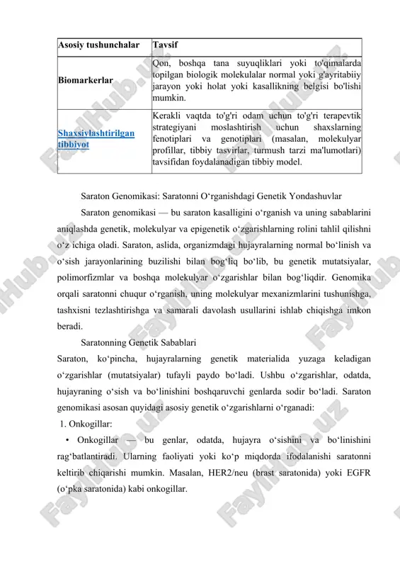 epigenetik jarayonlar, odatda, genetik kodni o‘zgartirmasdan genlarning faoliyatini o‘zgartiradi, bu esa saratonni rivojlanishiga sabab bo‘ladi. saraton genomikasining zamonaviy texnologiyalari saraton genomikasining rivojlanishi, yangi texnologiyalar va yondashuvlarning joriy etilishi bilan yanada chuqurlashdi. rasmiy statistika · milliy saraton institutining ma'lumotlariga ko'ra, erkaklar va ayollarning taxminan 39.5 foizi hayotlari davomida bir nuqtada saraton kasalligiga chalingan. · global saraton genomik bozorining hajmi 9.29 yilda 2020 milliard dollarga baholandi va 23.28 yilga kelib 2028 milliard dollarga yetishi kutilmoqda, bu esa 12.2 yildan 2021 yilgacha cagr 2028 foizga o'sadi. saraton genomikasi saraton kasalligini davolashga qanday yondashishimizni o'zgartirish imkoniyatiga ega boshqaruv, yanada samarali va shaxsiylashtirilgan parvarish strategiyalari uchun umid taklif. genetik mutatsiyalar va saraton saraton genetik mutatsiyalar normal hujayra o'sishi va bo'linish jarayonlarini buzganda paydo bo'ladi. ushbu mutatsiyalar bir necha usulda sodir bo'lishi mumkin: · nuqta mutatsiyalari: protein funktsiyasini o'zgartirishi mumkin bo'lgan dnkdagi yagona nukleotid o'zgarishlari. · qo'shish va o'chirish: gen funktsiyasini buzishi mumkin bo'lgan dnk segmentlarini …