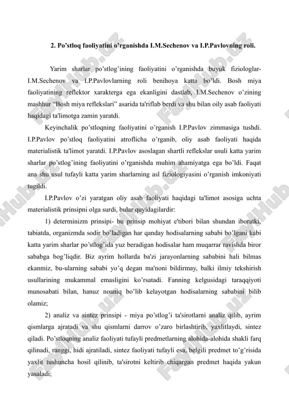 r ham moddiydir, chunki ularning ham moddiy asosi-struktura zamini bor. 1-rasm. itlarda vaqtincha aloqaning hosil bo’lishi. 2-rasm. yakka kameralarda so ’lak ajratish va me’da shirasi ajratishining shartli reflekslarini hosil qilish usuli (i.p.pavlov usuli). 3. katta yarim sharlar po’stlog’i turli qismlarining funksional va struktura xususiyatlari. organizmda qanday bo’lmasin biror funksiyaning boshqarilishi bosh miya katta yarim sharlarining qaysi qismiga bog’liq, degan muammo azaldan munozarali masala bo’lib kelgan. bu haqda nihoyatda xilma-xil va bir-biriga tamomila qarama-qarshi fikrlar bayon qilingan. ba'zi olimlar bosh miya po’stlog’ining qat'iyan ma'lum bir nuqtasi organizmning muayyan bir funksiyasini boshqaradi deb ta'kidlasa, boshqalari bu fikrni inkor qilar edilar; ular miya po’stlog’ining hamma qismi struktura va funksional jihatidan bir xil deb xisoblab, belgili bir funksiyaning boshqarilishida butun miya po’stlog’i ishtirok etadi deb e'tirof qilar edilar. bosh miya yarim sharlar po’stlog’ining turli sohalari turli funksiyalarni boshqarishga moslashganligini dastavval i.p.pavlov isbotladi. uning ta'limotiga ko’ra, miya po’stlog’ining tegishli qismlarida maxsus funksiyalarni boshqarishga birmuncha ixtisoslashgan …