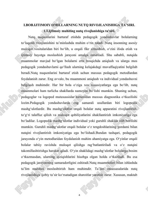 igan muhit bolalarning o‘ziga bo‘lgan ishonchini oshirishga ham xizmat qiladi. pedagogik yondashuvlarda bolalar bilan individual ishlash juda muhim ahamiyat kasb etadi. har bir bolaning nutqiy muammosi o‘ziga xos bo‘lgani sababli, ularga mos keladigan yondashuv tanlanishi lozim. masalan, ba’zi bolalar talaffuz muammolariga duch kelishsa, boshqalar gapirish tezligi yoki grammatik tuzilish bilan bog‘liq qiyinchiliklarga ega bo‘lishi mumkin. shu sababli, pedagog va logopedlar har bir bola uchun alohida dastur ishlab chiqishlari lozim.nutq nuqsonlarini bartaraf etishda ota-onalar bilan hamkorlik qilish ham juda muhimdir. ota-onalar bolalarning uy sharoitida ham nutqini rivojlantirishlari uchun maxsus tavsiyalar berilishi lozim. masalan, bolalar bilan har kuni kitob o‘qish, hikoyalar tuzish va suhbatlashish ularning nutqiy rivojlanishiga katta yordam beradi. ota-onalar o‘z farzandlariga nisbatan sabr-toqat bilan yondashishlari va ularni rag‘batlantirishlari kerak.nutq nuqsonlarini bartaraf etishda zamonaviy texnologiyalar ham katta ahamiyat kasb etmoqda. masalan, mobil ilovalar va kompyuter dasturlari orqali bolalar mustaqil ravishda nutq mashqlari bajarishlari mumkin. shuningdek, interaktiv ta’lim platformalari yordamida bolalarga audiovizual …