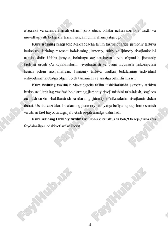 ko'nikmalarini rivojlantirishda muhim ahamiyatga ega. ular, bolalarning qiziqishini jalb qilish orqali jismoniy tarbiyani yanada qiziqarli va samarali qiladi. sport faoliyatlari esa, bolalarga raqobat ruhini, sabr-toqatni va maqsadga erishish ko'nikmalarini o'rgatadi. jismoniy tarbiyaning yanada muvaffaqiyatli bo'lishi uchun, o'qituvchilar va tarbiyachilar bolalarga mos tarzda mashg'ulotlarni tashkil etishlari zarur. ularning yoshi va jismoniy rivojlanish darajasini inobatga olish, mashg'ulotlarni qiziqarli va samarali o'tkazish uchun muhimdir. o'qituvchilar, bolalarga jismoniy tarbiyaning ahamiyatini tushuntirib, ularni faol ishtirok etishga rag'batlantirishlari lozim. yana bir muhim jihat, maktabgacha ta'lim muassasalarida jismoniy tarbiya muhitining yaratilishidir. bu muhit, bolalarning xavfsizligi va qulayligini ta'minlash, shuningdek, ularning jismoniy faoliyatiga bo'lgan qiziqishini oshirishga yordam beradi. sport zalilari, o'yin maydonchalari va boshqa jismoniy faoliyat uchun joylar maktabgacha ta'lim muassasalarida mavjud bo'lishi zarur. jismoniy tarbiyaning ijtimoiy ahamiyati ham katta. bolalarda jismoniy faoliyatni rag'batlantirish, ularni sog'lom turmush tarziga olib keladi va jamiyatda salomatlikni oshirishga hissa qo'shadi. sog'lom bolalar, kelajakda sog'lom jamiyatni shakllantiradi. shuning uchun, maktabgacha ta'lim muassasalarida jismoniy …