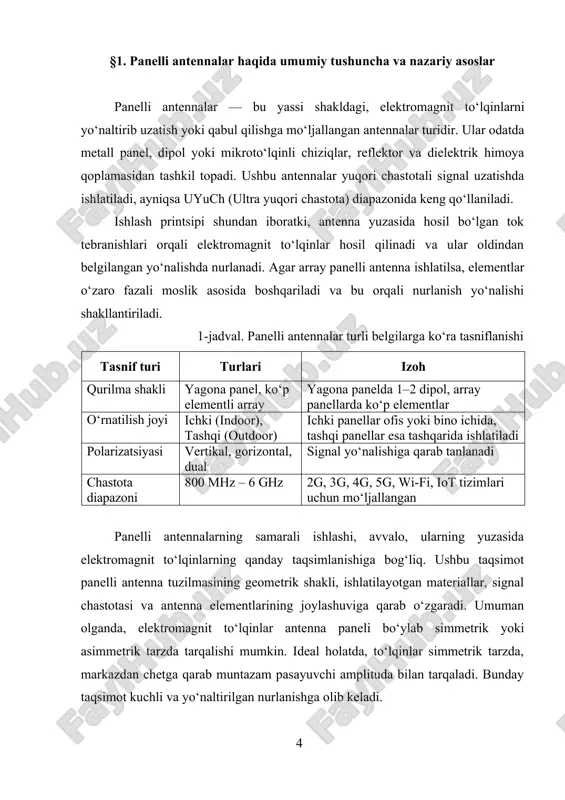 nit to‘lqinlarning taqsimlanishi nafaqat ularning ishlash samaradorligini belgilab beradi, balki butun aloqa tizimi ishonchliligini ham ta’minlaydi. panelli antennalarning asosiy afzalliklaridan biri — ularning nurlanish diagrammasining torligi va yo‘naltirilganligidir. nurlanish diagrammasi — antenna tomonidan uzatilgan yoki qabul qilingan elektromagnit to‘lqinlarning fazodagi taqsimotini ko‘rsatadigan grafik tasvirdir. ushbu diagramma orqali signalning qaysi yo‘nalishda eng kuchli tarqalayotgani va boshqa yo‘nalishlardagi nurlanish darajasi aniqlanadi. panelli antennalarda nurlanish diagrammasi odatda tor va aniq yo‘naltirilgan shaklga ega bo‘ladi. bu diagrammaning muhim parametrlaridan biri — beamwidth, ya’ni asosiy nurning yoy burchagi hisoblanadi. beamwidth — antennaning asosiy nuri tarqaladigan burchak oraliq bo‘lib, odatda 30° dan 90° gacha bo‘ladi. beamwidth qanchalik kichik bo‘lsa, nurlanish shunchalik aniq yo‘naltirilgan bo‘ladi va bu uzoq masofalarga signal uzatishda juda muhim. yana bir muhim parametr — bu gain, ya’ni antenna tomonidan ma’lum bir yo‘nalishda uzatilayotgan signalning kuchayish darajasi. panelli antennalarda bu qiymat odatda 8 dbi dan 18 dbi gacha bo‘ladi. gain qancha yuqori bo‘lsa, antenna …