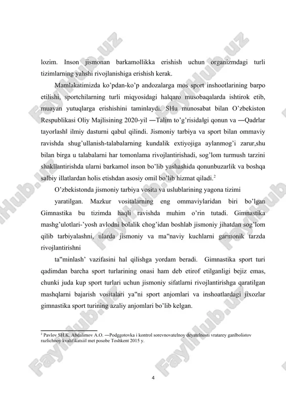 asosi deb dushmanni maglub etishga intilishga boglamasdan, fakat organizmni rivojlantirishga yo’naltirilishi hisoblanardi. gimnastik mashgulotlarining keyingi davrlarda rivojlanishi, maxsus gimnastik snaryadlarnning ko’llanilishi bilan boglik.[footnoteref:3] [3: eshtayeva.k. gimnastika.o’quv uslubiy qo’llanma.t- 2015. 124 bet] xviii-xix asrlarda pedagogik va gigienik gimnastikaning rivojlanishiga mashhur pedagoglar j.russo va pestalotsining ta’siri bo’ldi. inson tanasini chiniktirish va mustahkamlash, uning kuchini va imkoniyatlarini rivojlantirishning birinchi omili va sharti. u mazkur mashgulotlar bilan tanani chiniktirish orkali insonni xayotga tayyorlaydi, aklan rivojlantiradi va sogligini mustahkamlaydi. pestalotstsi eng yaxshi mashgulot deb bo’ginlar harakatlantirishini e’tirof etgan. bo’ginlar gimnastikasini har xil harakatchan o’yinlar va mehnat bilan to’ldirgan. pestalotstsi gimnastika nazariyasi va usullarining asoschisi deb hisoblanadi. pestalotstsi gimnastika nazariyasi va usullarining asoschisi deb hisoblanadi. xviii asrning ikkinchi yarmida germaniyada, fit va guis mut’ boshchiligida gimnastikaning yangi tizimi tashkil etildi. ular snaryadlarda gimnastik mashgulotlarni o’tkazish texnikasi, ushbu texnika asosida o’rgatish, tarbiya etishni ishlab chikishdi. chuts muts o’zining nazariyasida snaryadlarda harakatlanish va 7 mashgulotlarni guruh bo’lib bitta …