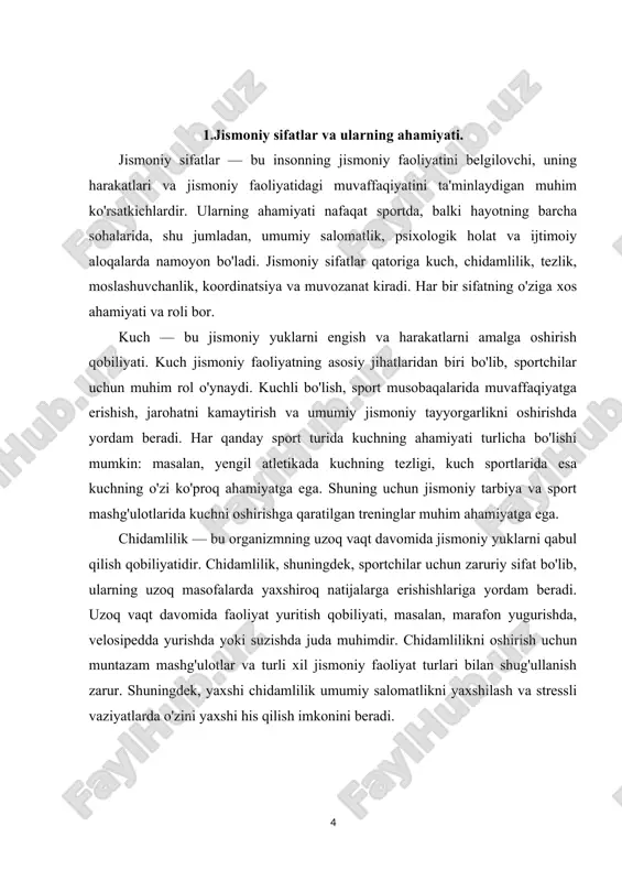 om va faol hayot tarzi uchun zarurdir. koordinatsiya — bu tananing turli qismlarining birgalikda ishlash qobiliyatidir. koordinatsiya jismoniy faoliyatda muhim ahamiyatga ega, chunki harakatlarni aniq va samarali bajarishga yordam beradi. sportchilarda yuqori koordinatsiya darajasi mavjud bo'lib, bu ularning natijalarini yaxshilashga yordam beradi. koordinatsiyani oshirish uchun muvozanat mashqlari va o'yinlar o'tkaziladi. yaxshi koordinatsiya hayotdagi kundalik faoliyatda ham, masalan, harakatlarimizni muvofiq ravishda bajarishda, muhim rol o'ynaydi. muvozanat — bu tana holatini saqlash va harakatlarni aniq bajarish qobiliyatidir. muvozanat sportchilarda yuqori darajada bo'lishi kerak, chunki ularning harakatlari aniq va samarali bo'lishi zarur. muvozanatni rivojlantirish uchun maxsus mashqlar va treninglar o'tkaziladi. muvozanat nafaqat sportda, balki hayotda ham muhim ahamiyatga ega, chunki bu insonning xavfsizligini ta'minlaydi, jarohatlardan himoya qiladi va umumiy jismoniy faoliyatini yaxshilaydi. jismoniy sifatlarning ahamiyati shundaki, ular nafaqat sportchilarning muvaffaqiyatini ta'minlaydi, balki sog'lom turmush tarzini rivojlantiradi. jismoniy sifatlar orqali inson o'z salomatligini mustahkamlashi, stress bilan kurashishi va hayot sifatini oshirishi mumkin. muntazam jismoniy …