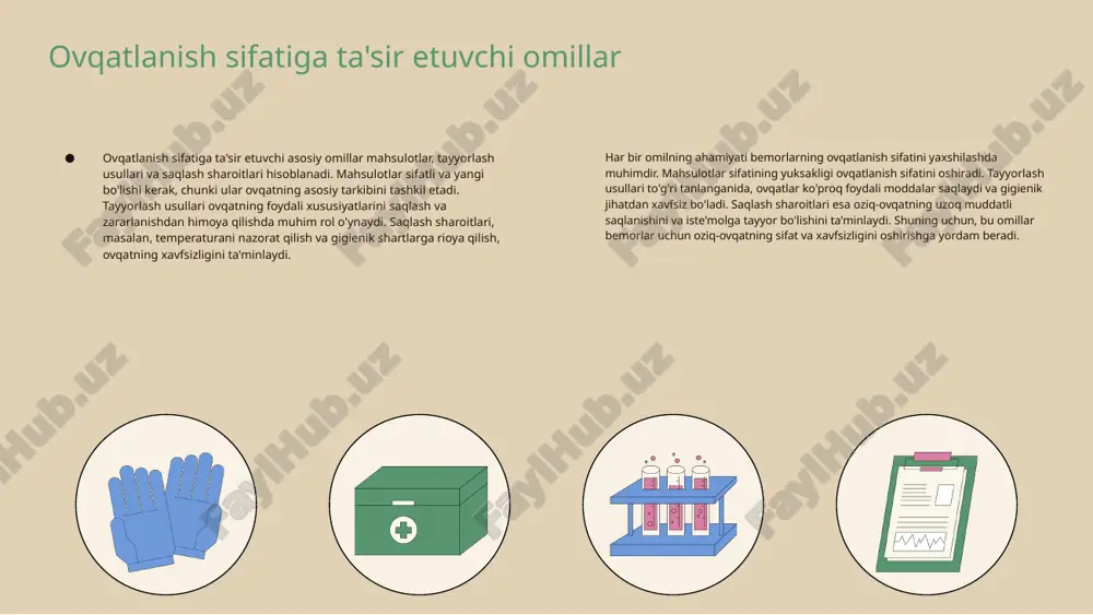 ri: muvozanatli ovqatlanish: muvozanatli ovqatlanish, organizmga zarur vitaminlar va minerallarni yetkazib berish orqali immun tizimini kuchaytiradi. • oziq-ovqatlarni to'g'ri taqsimlash va taqdimot: oziq-ovqatlarni to'g'ri taqsimlash va taqdimot, bemorlarning ruhiy holatini yaxshilaydi va ovqatlanish jarayonini yanada yoqimli qiladi. • parxez stollarining bemorlarning ruhiy holatiga ta'siri: yaxshi taqdim etilgan parxez stollari bemorlarning kayfiyatini ko'taradi va ovqatdan qoniqish hissini oshiradi. • misollar keltirish: misol sifatida, sabzavotlar, mevalar va to'yimli oqsillar bilan to'ldirilgan parxez stollari bemorlarning umumiy salomatligini yaxshilashga yordam beradi. parxez stollarining asosiy turlari parxez stollari uchta asosiy turga bo'linadi: dietik, terapevtik va profilaktik. har bir turda bemorlarning sog'ligini yaxshilash maqsadida maxsus oziq-ovqat mahsulotlari qo'llaniladi. **parhez turlari va oziq-ovqatlar:** 1. dietik parhez: sabzavotlar, mevalar, oqsillar; 2. terapevtik parhez: past kaloriya, xolesterin; 3. profilaktik parhez: to'yimli va muvozanatli oziq-ovqatlar. statistika shuni ko'rsatadiki, to'g'ri parhez sog'liqni 30% ga yaxshilaydi. parxez stollarini tayyorlash jarayoni oziq-ovqatlarni tanlash jarayoni parxez stollarini tayyorlashda oziq-ovqatlarni tanlash muhimdir. bu bosqichda bemorlarning …
