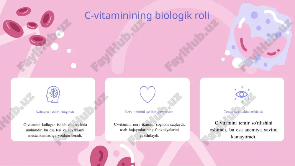 nizmga ta'sirini o'rganishga qaratilgan. bu manbalar, organizmning vitamin ehtiyojlarini qondirishda muhim ahamiyatga ega. kelajakdagi tadqiqotlar kelajakdagi tadqiqotlar, yangi c-vitamini manbalarini kashf etishga va ularning sog'liq uchun foydasini o'rganishga qaratilishi kerak. bu, sog'lom turmush tarzini qo'llab-quvvatlashda muhimdir. tadqiqotlarning ahamiyati c-vitamini manbalari bo'yicha tadqiqotlar, sog'liqni saqlash va oziqlanish sohalarida yangiliklar kiritishga yordam beradi. ular, shuningdek, c-vitamini yetishmasligining oldini olish strategiyalarini ishlab chiqishda muhimdir. c-vitamini va sog'liqni saqlash c-vitamini va sog'liq o'rtasidagi bog'liqlik: c-vitamini inson organizmida muhim rol o'ynaydi, u immun tizimini mustahkamlash, yaralarni tezda tuzatish va to'qimalarni yangilashda yordam beradi. shuningdek, c-vitamini antioksidant sifatida faoliyat yuritadi, bu esa hujayralarni erkin radikallardan himoya qiladi va turli kasalliklar rivojlanish xavfini kamaytiradi. buning natijasida, sog'liqni saqlashda uning ahamiyati juda katta. c-vitamini va kasalliklar: qanday xavf-xatarlar mavjud? c-vitamini etishmasligi turli kasalliklar, jumladan, skorbüt, yurak-qon tomir kasalliklari va hatto ba'zi saraton turlari bilan bog'liq. shunday qilib, etarli miqdorda c-vitamini iste'mol qilmaslik, organizmni kasalliklarga nisbatan zaiflashtirishi mumkin. oziqlanishda …