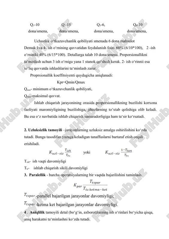 adi. bu esa o‘z navbatida ishlab chiqarish samaradorligiga ham ta‘sir ko‘rsatadi. 2. uzluksizlik tamoyili –jarayonlarning uzluksiz amalga oshirilishini ko‘zda tutadi. bunga tasodifan yuzaga keladigan tanaffuslarni bartaraf etish orqali erishiladi. yoki tish- ish vaqti davomiyligi tts- ishlab chiqarish sikili davomiyligi 3. paralellik - barcha operatsiyalarning bir vaqtda bajarilishini taminlash. -parallel bajarilgan jarayonlar davomiyligi; -ketma ket bajarilgan jarayonlar davomiyligi. 4 . aniqlilik tamoyili detal (bo‘g‘in, axborot)larning ish o‘rinlari bo‘yicha qisqa, aniq harakatni ta‘minlashni ko‘zda tutadi. lopt - ortiqcha bo‘g‘inlar,bo‘g‘inlar dastlabki ish o‘rniga qaytishlarini bartaraf yetish natijasidagi masofa lhaq - mehnat buyumining haqiqiy o‘tish yo‘li davomiyligi. 5. maromiylik ma‘lum bir vaqt oralig‘ida bir xil hajimdagi ishni bajarishni ko‘zda tutadi 𝚺qix - reja doirasida ma‘lum vaqt orasida bajarish ishlar hajmi. 𝚺qip - rejalashtirilgan ish hajmi. 5 3.3. ishlab chiqarish sikli va uning davomiyligini qisqartirishning iqtisodiy ahamiyati. ishlab chiqarish jarayoni murakkab jarayon hisoblanib, ma‘lum bir muhitda, maydonda va vaqtda amal qiladi. ishlab chiqarish jarayonini vaqtda …