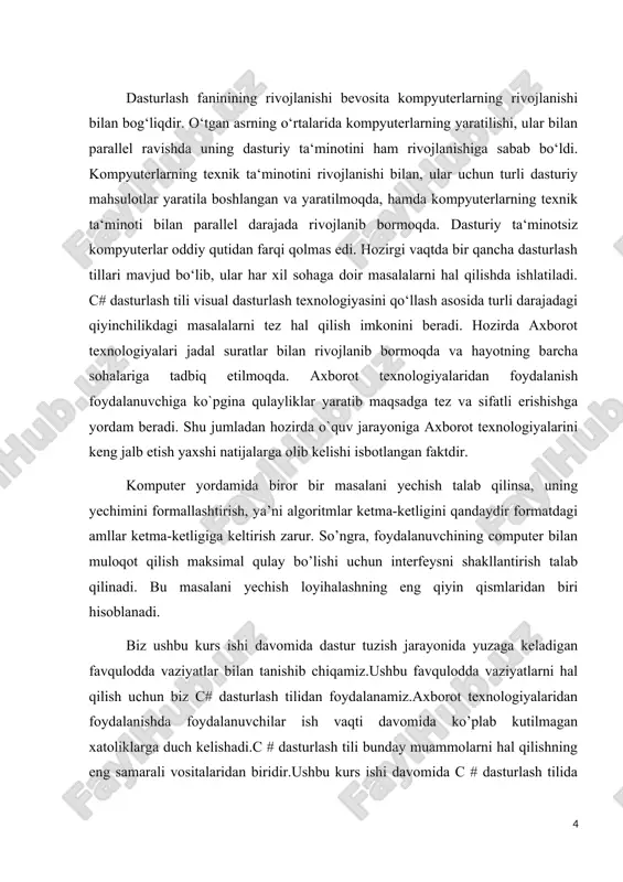 valar · veb-ilovlar · veb-xizmatlar · o’yinlar · ma’lumotlar bazasi dasturlari · boshqa sohalarda nima uchun c # dasturlash tilidan foydalanish kerak? · bu dunyodagi eng mashhur dasturlash tillaridan biri · o'rganish va undan foydalanish oson · c# ni ishlatadigan ulkan ishlab chiquvchilar jamoasi mavjud, ya'ni internetda c# ni o'rganish va o'zingizni qiziqtirgan savollarga javob olish uchun juda ko'p manbalar mavjud. · c # - bu ob'ektlarga yo'naltirilgan dasturlash tili, bu dasturlarga aniq tuzilma beradi va kodni qayta ishlatishga imkon beradi va rivojlanish xarajatlarini kamaytiradi · c# - c, c++ va java-ga yaqin bo'lganligi sababli dasturchilarning c# ga yoki aksincha c# dan u tillarga o'tishi oson bo’ladi. biz visual studio daturini https://visualstudio.microsoft.com/ saytidan 2019 community versiyasini bepul yuklab olishimiz mumkin. bu versiya aynan bizga o’xshagan talabalar va boshlang’ich o’ragnuvchilar uchun ajratilgan. visual studio 2019 dasturini yuklab oloish jarayoni: · https://visualstudio.microsoft.com/ saytiga brauzer orqali kirib computer operatsion sistemasiga qarab visual studio …