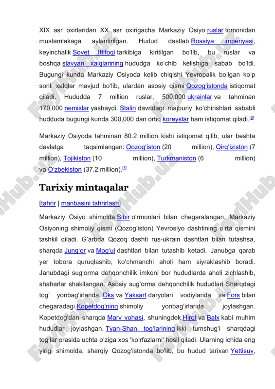a, yevropa tomonga harakatni davom ettirishgan. qizilqum choʻli amudaryo va sirdaryo oraligʻida joylashgan va qoraqum amudaryo hamda turkmanistondagi kopetdogʻ orasida joylashgan. xuroson tahminan shimoli-sharqiy eronni va afgʻoniston shimoliy hududlarini anglatgan. margʻiyona esa marv shahri atroflarini anglatgan. ustyurt platosi esa orol orol va kaspiy dengizlari oraligʻidagi hududdir. janubi-gʻarbda, kopetdogʻdan narida fors davlati joylashgan. aynan shu hudud orqali fors davlati va arab xalifaligi markaziy osiyoga suqilib kirgan va rossiya imperiyasi bosqiniga qadar mahalliy aholining madaniyatiga oʻz taʼsirini oʻtkazgan. janubi-sharqda hindiston tomon yoʻl mavjud. qadimda buddizm shu yoʻl orqali shimolga tarqalgan va tarixda juda koʻp marotaba markaziy osiyolik jangovar qabilalar va podsholar shu yoʻldan oʻtib, shimoliy hindistonni istilo qilishgan va u yerda oʻz hokimiyatlarini oʻrnatishgan. koʻchmanchi bosqinchilarning koʻpchiligi shimoli-sharqdan kirib kelgan. 1800-yillardan keyin rossiya imperiyasi va keyinchalik sovet ittifoqi shaklida hududga shimoli-gʻarbdan g'arb sivilizatsiyasi kirib keldi. qozog‘iston aholisi 20 million nafarga yetdi. bu haqda 2023 yil 16 noyabr kuni mamlakat prezidenti qosim-jo‘mart to‘qayev …