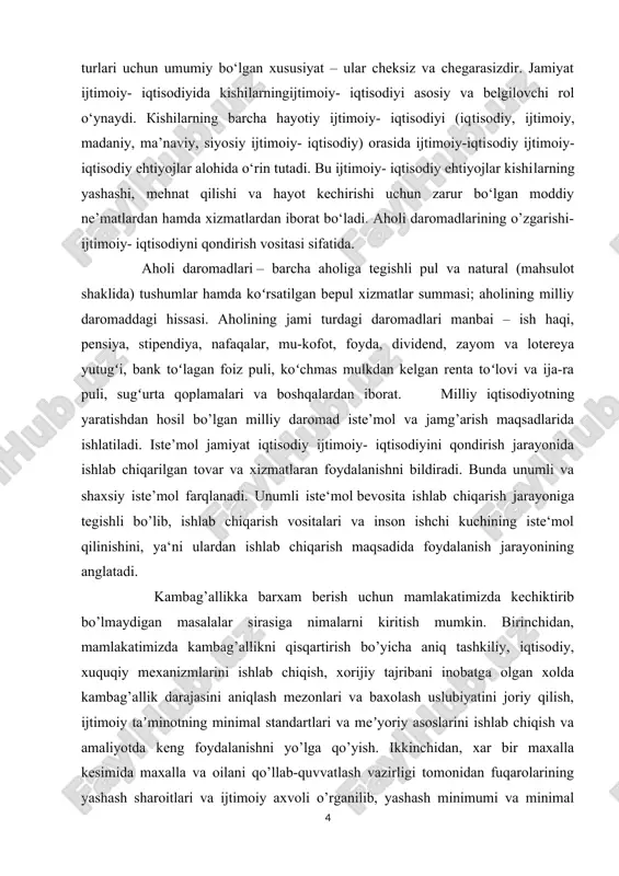 shni yo’lga qo’yish. ikkinchidan, xar bir maxalla kesimida maxalla va oilani qo’llab-quvvatlash vazirligi tomonidan fuqarolarining yashash sharoitlari va ijtimoiy axvoli o’rganilib, yashash minimumi va minimal isteʼmol savatini xisoblash metodini ishlab chiqish xamda axoli daromadlari tabaqalashuvini o’rganish bo’yicha tizimli ishlarni olib borish xamda ularning davlat maqsadli dasturlari bilan o’zaro muvofiqligini taʼminlash. uchinchidan, aniqlangan ijtimoiy axvoli tang axoli qatlamlarining ro’yxatini shakllantirish va ularninng xar birida kanday imkoniyatlar mavjudligini o’rganilishi va shunga asoslangan xolda kambag’allikni tugatishning aniq manzilli yo’nalishlarini ishlab chiqish lozim bo’ladi. to’rtinchidan, mamlakatimizda mexnat bozori va uning tarkibini sifat jixatdan rivojlantirish, ishchi kuchi migratsiyasi jarayonlarini taxlil qilish, takomillashtirish xamda mexnat resurslarini taqsimlash borasida o’zaro muvofiqlikdagi ishlarni olib borish barobarida axolining o’zini o’zi band qilish printsipini joriy qilish evaziga bandlik muammosini xal qilishga kirishish. beshinchidan, mamlakatimiz miqyosida va uning barcha xududlarida, ularning uziga xos xususiyatlaridan kelib chiqib, isteʼmol savatchasi va tirikchilik uchun zarur bulgan eng kam miqdorlardagi daromadlar darajasini ishlab chiqish va …