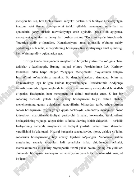 ida bo‘lmagan mahsulotlar ishlab chiqarish kabi salbiy xususiyatlar paydo bo‘lganini ko‘ramiz. bunday siyosatning oqibati nafaqat mahsulot sifatining pastligi, balki sanoatning texnologik qoloqligining kuchayishi edi. bozor munosabatlariga o'tish boshqaruv xatti-harakatlarini ko'p jihatdan o'zgartirdi. sssr parchalanib ketganidan so'ng, markaziy rejalashtirish va davlat mulki monopoliyasining yo'qolishi natijasida iqtisodiy bo'shliq vujudga keldi, bu erda faqat davlat sektori gullab-yashnadi. shu sababli, foyda olish endi haqiqiy emasdek tuyuldi, balki davlat mulkini taqsimlashdan kamroq jozibador edi. inflyatsiya, bozorning rivojlanmaganligi, huquqiy sohadagi beqarorlik sharoitida rossiya korxonasining deyarli hech bir direktori manfaatdor emas. rossiyada hamma narsa asosan qisqa muddatli rivojlanish va darhol natijalarga qaratilgan. shunday qilib, zamonaviy menejment zamonaviy biznesning ajralmas qismidir. dunyoning ko'plab mamlakatlarida mavjud biznes maktablari va menejment muammolari bo'yicha nashrlarning ko'p oqimi "menejment fani" inqiroz arafasida ekanligini yashira olmaydi. korporativ boshqaruv va strategiyaning "ideal" tushunchalari tobora bir-birini almashtirmoqda, "eng yaxshi" biznes amaliyotlarini reklama qilish tobora qat'iy bo'lib bormoqda, ammo ularning ikkalasi ham yaqinlashib kelayotgan boshi berk …