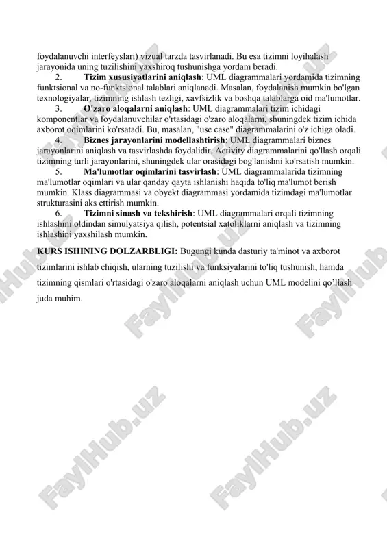 t tizimlari, tizimning tarkibi va uning o'zaro aloqalarini tasvirlashda ishlatiladi. uml diagrammalari tizimni o'rganish, loyihalash, rejalashtirish va hujjatlashtirish jarayonlarida keng qo'llaniladi. uml modeli tizimning turli qismlarini vizual tarzda ifodalashga yordam beradi, bu esa jamoa a'zolari va loyiha manfaatdor tomonlariga tizimni yaxshiroq tushunishga imkon yaratadi. uml (unified modeling language) modeli axborot tizimlarini loyihalashda keng qo‘llaniladigan texnologiyalar bo‘lib, u tizimning turli komponentlari va ularning o‘zaro aloqalarini tasvirlashda yordam beradi. uml dasturiy ta’minot va tizimlarni modellashda, loyiha rejalashtirishda, tizimni ishlab chiqish va sinovdan o‘tkazishda samarali vosita sifatida ishlatiladi. axborot tizimlarini loyihalashda uml modellarining turli diagrammalari qo‘llanadi. quyida uml modelining asosiy diagrammalari va ularning axborot tizimlarini loyihalashdagi o‘rni keltirilgan. 1.1 use case diagram (ish holati diagrammasi). ish holati diagrammasi (use case diagram) — bu tizimning funktsiyalarini (ish holatlarini) va foydalanuvchilar (akterlar) bilan o'zaro munosabatlarini ko'rsatadigan diagrammadir. uml (unified modeling language) da ishlatiladi va tizimning qanday ishlashini tushunishda yordam beradi. ish holati diagrammasining asosiy elementlari: …