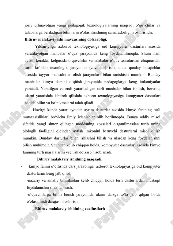 qilinadi. i. bob. kimyo fanini o‘qitishda axborot texnologiyasiga oid kompyuter dasturlari (natijalar tahlili). informatsion texnologiyalar rivojlangani sari bu boradagi yangi ixtirolar turli sohalarda keng qo‘llanila boshladi. informatsion texnologiyalar yuzasidan olib borilayotgan ishlar jamiyat taraqqiyotiga o‘z hissasini qo‘shishi bilan birga, insonlar mehnatini osonlashtiradi. zavodlarda olib borilayotgan qiyin ishlarning ancha qismini kompyuter dasturlari bilan dasturlangan dastgohlar bajarmoqda. bundan tashqari, yaratilayotgan kompyuter dasturlari turli fan sohalari rivojiga salmoqli hissa qo‘shib kelmoqda. kimyo fanining informatsion texnologiyalar bilan chambarchas bog‘liqligini so‘nggi yillarda yaratilayotgan dasturlarning kimyo fani rivojiga hissa qo‘shayotganligini bevosita kuzatish mumkin. bunga oddiy misollar sifatida ancha oldin yaratilgan darslik va qo‘llanmalardagi kimyoviy formulalar qo‘lda yozilganligini keltirish mumkin. hozirgi kunda qo‘llanilayotgan darslik va o‘quv qo‘llanmalarda kimyoviy formulalar kompyuter dasturlari asosida yozilganligini ko‘rish mumkin. bundan tashqari, darsliklar va qo‘llanmalarda atom-molekulalarning fazoviy tuzilishi keltirilganligi ancha quvonarli. umumiy o‘rta ta’lim maktablari, kasb-hunar kollejlari, akademik litseylar o‘quvchilari, oliy o‘quv yurtlari talabalari uchun mo‘ljallangan kompyuter dasturlaridan foydalangan holda kimyo fanini …