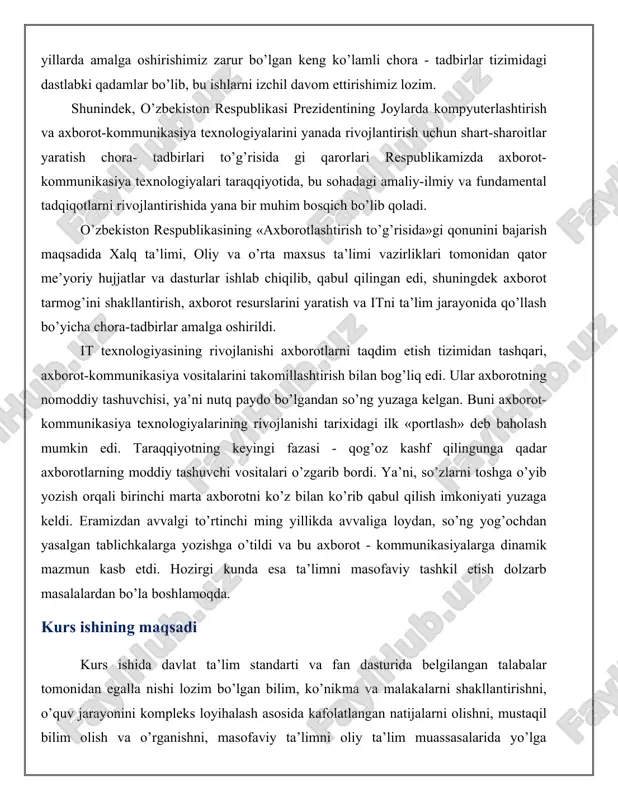 larni tayyorlashning samaradorligini oshirishda ta’lim beruvchi va ta’lim oluvchi shaxsining muntazam aloqasini ta’minlash asosiy vazifa bo’lib hisoblansa quyidagi ta’limiy imkoniyatlarni qo’lga kiritish mumkin: · masofaviy ta’lim o’qishga ijobiy yondashuvni ta’minlaydi; · pedagogik jarayon maqsadi sifatida ta’lim oluvchiga yo’nalish berish imkoniyati bor; · metodologik, nazariy, uslubiy bilimlarni egallashga imkon yaratadi; · bilish faoliyatini mustaqil tashkil etish imkonini beradi; · ta’limning turli axborotlarini topish va o’zlashtirish imkonini beradi; · zamonaviy pedagogik texnologiya asosida tashkil etiladigan bilish faoliyatini amalga oshirish borasida samarali qo’llaniladi; · axborotlarga bo’lgan ehtiyojlarni qondirishda, axborot olish va undan foydalanish samaralarini hosil qilish borasidagi ishlanmalarni tayyorlashga keng imkoniyatlar yaratadi. o’quv mashg’ulotlari, odatda, ma’ruza, maslahat, seminar, amaliy mashg’ulot, laboratoriya ishi, nazorat va mustaqil ishlar ko’rinishlarida o’tkaziladi. ta’lim jarayonini boshqarish nuqtai nazardan, texnologiyani tanlash oliy ta’lim muassasi o’qituvchisi tomonidan amalga oshiriladi. bundan tashqari, talim maqsadiga erishish uchun tanlanadigan didaktik vositalar to’plami ta’lim shakliga ko’p jihatdan bog’liq. masofali o’qitish, o’quv jarayonini an’anaviy tashkil …