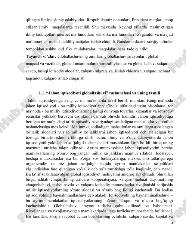 ydalanish, jahon ishlab chiqarishini oshirish uchun yangi imkoniyatlar yaratadi va unda ishtirok etuvchi mamlakatlar uchun yutuq deb atash mumkin. boshqa tarafdan, global bozorlarda raqobatning kuchayishi, xo’jalik faoliyatining keng erkinlashuvi mamlakatlar uchun xavf-xatarlar tug’dirishi muqarrardir. rivojlangan mamlakatlar uchun buning foydali jihatlari aniq korinib turibdi, biroq rivojlanayotgan mamlakatlar haqida, ayrim hollarda, bunday deb bo’lmaydi. ularning ko’pchiligi baynalminallashuvda xomashyo va mehnat resurslari yetkazib beruvchilar sifatida ishtirok etib, rivojlangan va qudratliroq davlatlarga qaram bo’lib qolishini e‘tirof etish mumkin. sobiq aqsh prezidenti b.klinton huzurida iqtisodiy maslahatchilar guruhiga rahbarlik qilgan j.stiglits iqtisodiy siyosat xususiyatlarini ta‘riflayotib, davlat va bozor munosabatlar o’zaro hamkorlikka qaratilgan bo’lishi kerakligini hamda davlat bozordagi muvaffaqiyatsizliklarni yumshatishda va ijtimoiy adolatni ta‘minlashda muhim rol o’ynashi kerakligini qayd etgan. u ochliq, hayot standartlari pasayishi, ishsizlikni globallashuvning salbiy oqibatlari qatoriga kiritgan . jahon iqtisodiyoti globallashuvi tushunchasi bilan birga global iqtisodiyo tushunchasi keng qo’llanib kelinmoqda. hozirda, yagona yaxlit bir global iqtisodiyot tushunchasi shakllanmagan bo’lib, murakkab tizim sifatida e‘tirof …