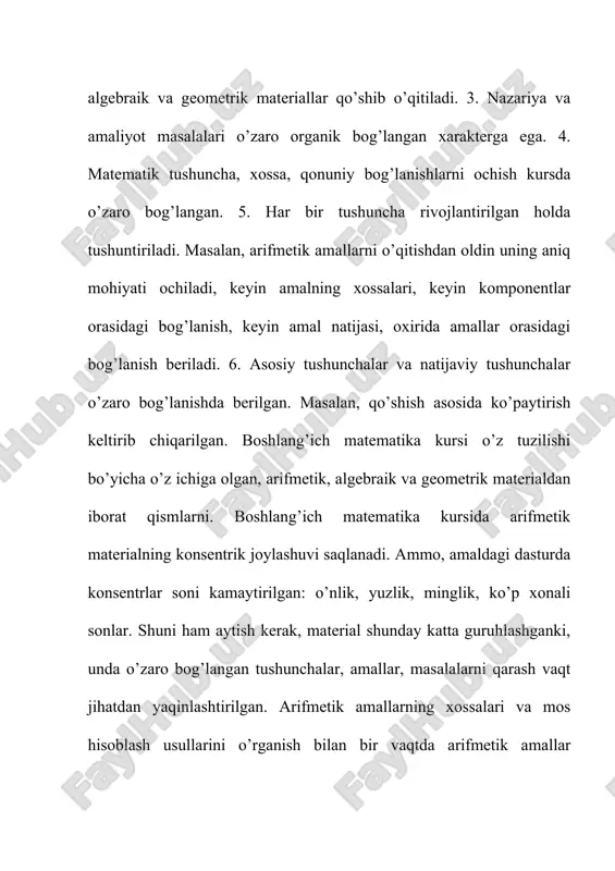 lanishni ifodalash uchun matematikada simvollar ishlatiladi. mana shu matematik til rivojlanishi kerak. o’qituvchining vazifasi simvolik tilda ifodalangan matematik fikrni ona tiliga ko’chirishga o’rgatishdan iborat bo’lmog’i kerak. bilishga intilish, mustaqil ishdan qanoat hosil qilish tuyg’ularini tarbiyalashi kerak. matematika fanini o’qitishning o’zi o’quvchilarda diqqat va fikrni to’play bilishni tarbiyalaydi. o’qituvchi quyidagilarni ta’minlashi kerak: a) o’quvchi moddiy olamdagi bog’lanishlarni, miqdorlarning o’zgarishini, birbiri bilan aloqasini anglay olishi; b) o’quvchilarning matematikani o’rganishga astoydil qiziqishini ta’minlash; d) mehnatga, vatanga insonlarga bo’lgan munosabatini tarbiyalash, estetik did hosil qilish; g) o’zbek millatining tarixi, jumladan, matematika o’qitilishi tarixiga bo’lgan dunyoqarashni tarbiyalash; d) o’quvchilarning fikrlash qobiliyatini va matematik madaniyatini tarbiyalash; 3. amaliy maqsad. matematika o’qitishdan kuzatilgan amaliy maqsad – o’quvchilar olgan bilimlarni, amalda qo’llay olishga o’rgatishdan iborat. olingan bilimlarni sonlar va matematik ifodalar, nuqtalar ustida bajariladigan amallarga tatbiq qila bilish, har xil masalalarni yechishda foydalana bilishga o’rgatish. bu bilimlarni kundalik hayotda uchraydigan masalalarni hal qilishga qo’llay bilishga o’rgatishdir. o’qitish metodi …