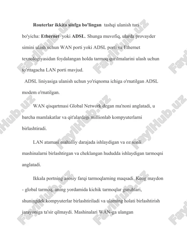 va tarmoq bo'limlari orasidagi aloqa yuqori o'tkazuvchanlik yuqori sifatli kabellar bilan ta'minlanadi (ko'pincha o'ralgan juftliklar) wan-lar hududni cheklamaydi, lekin ular ma'lumot uzatish sifati va tezligida farq qilmaydigan telefon liniyalaridan ham foydalanadilar. bundan tashqari, wan-lar ko'proq zamonaviy aloqa tarmoqlariga asoslanishi mumkin. lanni tashkil qilishda to'g'ridan-to'g'ri topologiya qo'llaniladi, wanni tashkil qilishda aralash ierarxik usul qo'llaniladi. bog'lanish darajasida osi modellari lan va wan tarmoqlari turli xil ma'lumotlarni uzatish protokollaridan foydalanadilar: lan uchun bular ethernet va 802.11 (qoida tariqasida), wan uchun bu ppp, hdlc, frame relay. lanlarda aloqa kanalidan bitta mijoz foydalanadi, wan-larda aloqa kanali tarmoq mijozlari o'rtasida taqsimlanadi. 1. wan - tashqi, global tarmoq, lan - ichki, mahalliy tarmoq. 2. wan hudud bilan chegaralanmaydi, lan juda uzoq vaqt bo'lolmaydi. 3. routerlarda wan porti internetga ulanish uchun, lan - mahalliy foydalanuvchi qurilmalari uchun. 4. lan mijozlari soni cheklangan. 5. lan tarmoqli kengligi odatda yuqori, uni tashkil qilish uchun yuqori sifatli kabellar ishlatiladi. 6. lan …
