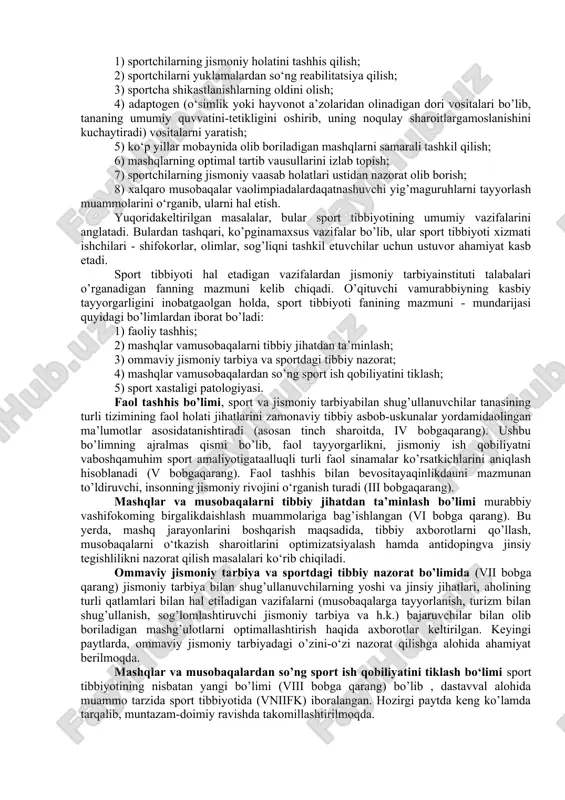 m sharoitlariga moslashuv; 3) yosh sportchilarni tayyorlash; 4) sport qobiliyatini qayta tiklovchi va uni ko’taruvchi vositalarni ishlab chiqish; 5) doping va boshqa illatlar bilan kurashish; 6) majmuaviy nazorat tizimi va usullarni ishlab chiqish; asta sekinlik bilan ilmiy-tadqiqotchilar va xodimlarni tayyorlash poydevori kengaya bordi. 20) 1960-yili mamlakatda-tartu universitetida ilk marta sport shifokorlarini tayyorlash bo’limi ochildi; 21) 1967-yili gsolifkda sport kardiologiyasi tahlilxonasi tashkil qilindi; 22) 1969-yiii gsolifkda birinchi marta sport tibbiyoti kafedrasi ochildi; 23) 1970-yilning boshlarida shifokor nazorati, vazifalarni kengayishi sababli, «sport tibbiyoti» degan yangi nom bilan atala boshlandi; 24) 197l-yili sobiq ittifoq sog’liqni saqlash vazirligining ilmiy tadqiqot institutida (niimz), tibbiyot fanlari akademiyasi va pedagogika fanlar akademiyasida qator guruh va tahlilxonalar tashkil etildi; 25) vnifda ochilgan sport tibbiyoti bo’limidan tashqari, qo‘shimcha ravishda maxsuslashtirilgan tahlilxonalar jumladan, dopingga qarshi tashkil qilindi. 26) 1986-yili sportning tibbiy-biologik muammolari bo’yicha markaziy ilmiy-tadqiqot instituti faoliyat ko’rsata boshladi. mamlakatda sport tibbiyotini boshqarish maqsadida quyidagilar tashkil etildi: 1) sobiq ittifoqning …