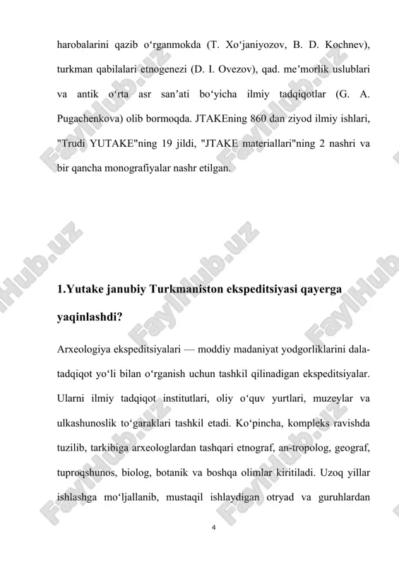 a hokazo. janubiy turkmaniston arxeologik kompleks ekspeditsiyasi (jtake) - turkmaniston fa prezidiumi qoshida prof. m. ye. massoy boshchiligida tashkil qilingan (1945). jtake tosh davri (jabal makoni), neolit (joytun madaniyati), eneolit (anov, namozgoh tepa, goʻksur), jez (oltintepa) va ilk temir (yoztepa, dahiston) davrlari, ayniqsa parfiya madaniyati boʻyicha muhim arxeologik tadqiqotlar olib borib, yangi va eski yaisodagi qazishmalar vaqtida jahon tarix fani uchun oʻta muhim ashyoviy dalillar topdi, ulardan ritonlar (fil suyagidan ishlangan) xususidagi maʼlumotlar (m. ye. massoy, g. a. pugachenkova) italiyada, parfiya yozma hujjatlari (v. a. livshits, i. m. dyakonov) esa angliyada nashr etildi. jtake shaharlar tarixiy topografiyasi va qad. karvon yoʻllarini oʻrganish borasida ham muhim ilmiy tadqiqotlar olib bordi: erk qala, gabr qalʼa hamda sulton qalʼa harobalaridan topilgan idish va buyumlarga tayanib, marv tarixi davrlarga boʻlindi (3. i. usmonova, m. i. filanovich), marv vohasida 11 — 12-asrda hunarmandchilik taraqqiy etganligi aniqlandi. 2. ular qanday vositalar ishlatdilar? jtake tomonidan islomdan avvalgi …