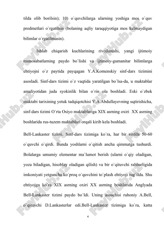 ham deb atashadi) mashhur pedagoglar d.dyui, e. dyui xayrixohligi, qo`llab quvvatlashi oqibatida aqshda yelena parkxerst tomonidan asoslangan edi. dalton-shaharning nomi.dalton-reja tizimiga ko`ra har bir o`quvchi o`zining imkoniyatiga yarasha individual o`qirdi. darslarda har bir o`quvchining kuchi etadigan mustaqil ish asosida bolalarning o`quv ishlari tashkil etilardi. o`quvchilarning o`zlashtirishini nazorat etish uch xil kartochka asosida olib borilgan: instruktorning laboratoriya kartochkasi; o`quvchining shaxsiy individual hisob-kitob kartochkasi; sinfning hisob-kitob kartochkasi.instruktorning laboratoriya kartochkasida o`rganiladigan o`quv predmeti, sinf o`quvchilarining ismi familiyasi, o`quv haftalariga bo`lingan ish dasturi qayd etilgan. individual kartochkada bola u yoki bu o`quv predmeti bo`yicha o`zi bajargan ishlarni qayd etgan. sinf kartochkasida esa barcha o`quvchilar o`quv predmetlari bo`yicha erishgan yutuqlar hisobga olingan. mavzu: dars-ta’limini tashkil etishning asosiy shakli test 1. ta'limni tashkil etishning moslashuvchan shakli. u turli xil mazmunni o'z ichiga oladi, unga muvofiq o'qitishning zarur usullari va usullari qo'llaniladi.gap nima haqda? j: dars 2.ta’lim shakillari nechta guruhga bo’linadi? a)3 b)4 c)5 d)6 3.o’qitish usullari …