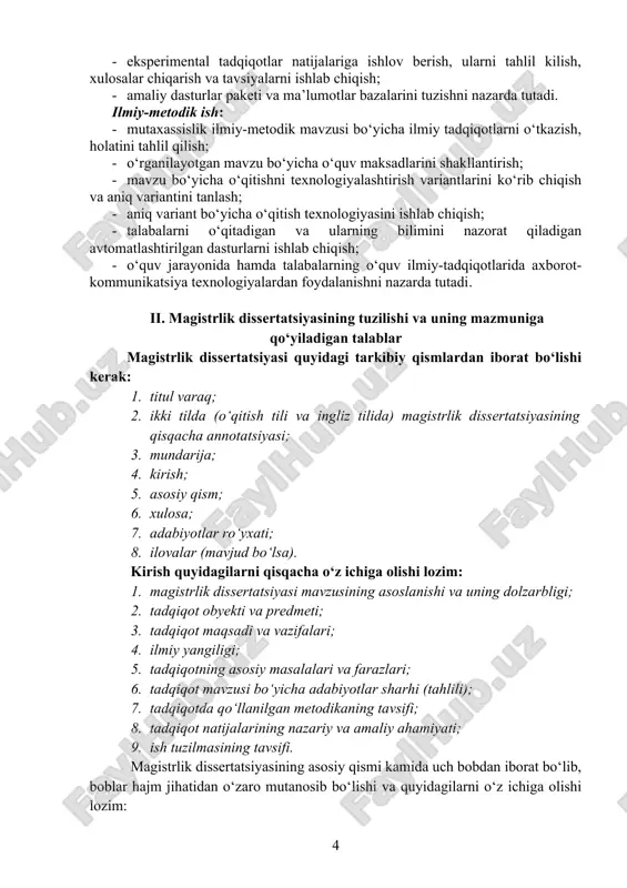 mutanosib bo‘lishi va quyidagilarni o‘z ichiga olishi lozim: tadqiqot mavzusiga taalluqli boshqa manbalarda keltirilgan nazariy, amaliy va empirik tadqiqotlar natijalarining tanqidiy tahlili; tadqiqot metodikasi va ishning amaliy qismi bayoni; tadqiqot olib borilgan masalani hal etishda magistratura talabasining shaxsiy hissasi ko‘rsatilgan holda tadqiqotning asosiy natijalari bayoni. magistrlik dissertatsiyasining xulosa qismida barcha boblarda qayd etilgan natijalarning ilmiy va amaliy ahamiyati, shuningdek ilmiy tadqiqot muammosini hal etish bo‘yicha xulosalar yoritiladi. xulosa qismi 4 sahifadan oshmasligi kerak. magistrlik dissertatsiyasiga uning mazmunini bayon etish uchun bevosita zarur bo‘lgan qo‘shimcha ma’lumotlarni o‘z ichiga olgan materiallar ilova qilinishi mumkin. ilova qismining hajmi magistrlik dissertatsiyasi umumiy hajmining uchdan bir qismidan oshmasligi lozim. magistrlik dissertatsiyasi ustida ishlayotgan magistratura talabasi kasb odob-axloqi qoidalariga rioya etishi (plagiat, ma’lumotlarni soxtalashtirish, shuningdek yolg‘on tsitatalar keltirishga yo‘l qo‘ymaslik) lozim. dissertatsiya matni standart varaqda yozilgan bo‘lib, unda quyidagi qoidalarga rioya etilgan bo‘lishi lozim: · qatorlar oralig‘i — 1,5 sm; · yuqori va pastki hoshiya 2 …