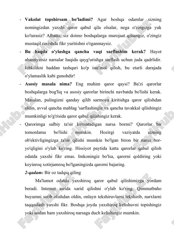 rish kerakmi degan savol bo'lishi mumkin. ushbu vaziyatlarda muhim qaror qabul qilishdan oldin swot tahlilini o'tkazish yaxshi fikr: foydali zararli s-kuchli tomonlari w-zaif tomonlari o-imkoniyat t-tahdidlari 9.2-rasm. swot tahlilning soddalashtirilgan ko`rinishi[footnoteref:2] [2: muallif ishlanmasi] swot - kuchli tomonlar, zaif tomonlar, imkoniyatlar va tahdidlarning qisqartmasi. ushbu to'rtta omil bir shaxsni yoki tashkilotni tahlil qilish uchun ishlatiladi. kuchli va zaif tomonlar ko'rib chiqilayotgan sub'ektga nisbatan o'zaro bog'liq bo'lgan yaxshi va yomon tomonlariga mos keladi. imkoniyatlar va tahdidlar tashqi muhitdagi ijobiy xususiyatlarga va yuzaga kelishi mumkin bo'lgan muammolarga mos keladi. swot doirasi tashkilotni baholash uchun tizimli yondashuvni taklif etadi, ayniqsa kelajakdagi rejalarni tuzishda. agar kompaniya o'z biznesini qanday kengaytirishni yoki raqobatchilar bilan qanday duch kelishni hal qilsa, u ishni swot tahlilidan boshlashi mumkin. ammo swot usuli jismoniy shaxslar uchun ham foydalidir. ko'p odamlar tafakkur qilish uchun ozgina vaqt bilan band hayot kechirishadi. swot - bu orqada qadam tashlab, qayerda ekanligimizni va qayerga borishni …