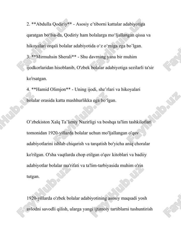 ka undadi. 7. **fantastika va ijodiy tasavvur**: fantastik janrdagi asarlar bolalar adabiyotida yangi ufqlarni ochishga xizmat qildi. bolalarga ijodiy tasavvur, orzu-havasni rivojlantirish, ularni yangicha dunyoqarash va kashfiyotlarga chorlaydi. fantastika orqali mualliflar bolalarning faylasufona o‘ylarini rivojlantirishga harakat qildilar. shuni ta’kidlash kerakki, 20-yillarda bolalar adabiyotining mazmun va shakl jihatidan boyib borishi mualliflarning ijodiy ishtiyoqi va o‘z davrining talablariga mos ravishda asarlar yaratishiga bog‘liq edi. shu bilan birga, bosma matbuot va kitoblarning tarqalishi, maktablar va kutubxonalar tarmog‘ining rivojlanishi ham bolalar adabiyotining ommalashishiga katta hissa qo‘shdi. 20-yillarning bolalar adabiyotida e’lon qilingan ko‘plab asarlar hali ham o‘z ahamiyatini yo‘qotmagan holda bolalar tarbiyasida muhim o‘rin egallab kelmoqda. 3. 20-30-yillar o'zbek bolalar she'riyati 1920-30-yillar o'zbek bolalar she'riyati davri o'zbekiston adabiyoti va madaniy hayotida muhim ahamiyatga ega. bu davrda ko'plab istiqlol, yangilanish va ta'lim sohasidagi o'zgarishlar fonida bolalar adabiyotiga e'tibor qaratildi. o'sha davrda o'zbekiston bolalar adabiyoti asosan didaktik yo'nalishda rivojlandi. o'qituvchilar va adiblar yosh avlodni tarbiyalash va ularga …