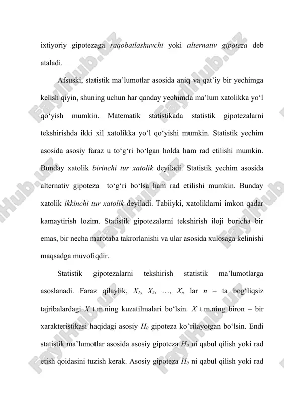 istikaning shu xossasiga asoslangandir. teorema(kolmogorov). ixtiyoriy uzluksiz f(x) taqsimot funksiyasi va λ uchun bo‘ladi. dn – statistikaga asoslangan statistik alomat kritik to‘plami quyidagicha aniqlanadi . bu yerdan 0 = = ) ,..., , ( : 2 1 1 { } l = : 1 a t 0 i p ( ) { } 22 01 lim nk n pthpt c - ®¥ u - t p k 2 1 a 1 ) ( s x t î 1 0 + × ÷ ø ö ç è æ g ÷ ø ö ç è æ g ÷ ø ö ç è æ + g × ÷ ø ö ç è æ = + - x m nx x m n m n m n x f m n n n m n µ µ 2 1 2 x y c s s 29 . 0 1 2 1 = = c …