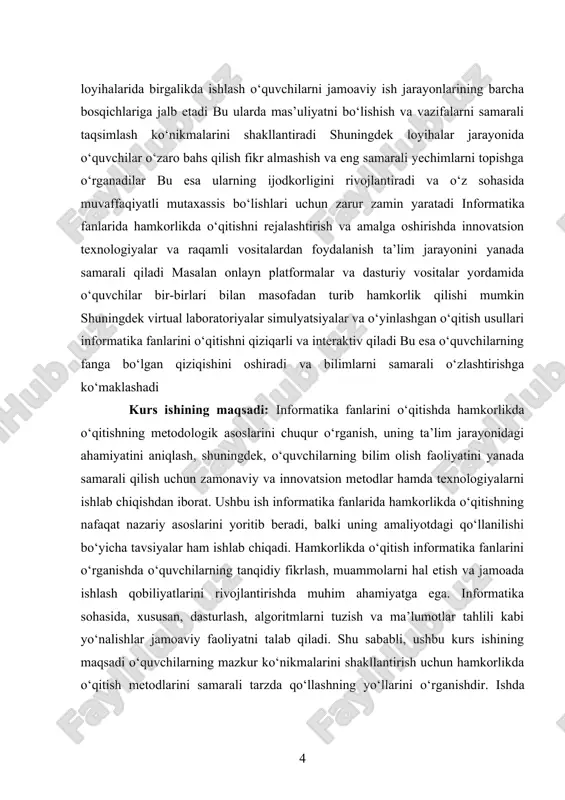 ilg‘or usullari ko‘rib chiqiladi. kurs ishining maqsadi shuningdek, informatika fanlarida hamkorlikda o‘qitish orqali o‘quvchilarning ijtimoiy va emotsional ko‘nikmalarini rivojlantirishga ham qaratilgan. guruhda ishlash jarayonida o‘quvchilar bir-birlari bilan o‘zaro muloqot qilish, fikr almashish va turli muammolarni birgalikda hal qilish kabi qobiliyatlarni rivojlantiradilar. bu nafaqat ta’lim jarayonining samaradorligini oshiradi, balki o‘quvchilarni kelajakdagi kasbiy faoliyatga tayyorlashda ham muhim omil hisoblanadi. kurs ishining vazifalari: · hamkorlikda o'qitishning pedagogik asoslarini va uning informatika fanlariga tatbiq etilishini o'rganish · hamkorlikda o'qitishning samaradorligini oshirish uchun zamonaviy metodlar va texnologiyalarni ishlab chiqish, shu jumladan, informatika fanlari o'qitishining yangi yondoshuvlarini aniqlash. hamkorlikda o'qitish metodlarini amaliyotga qo'llash, o'quvchilarning fikrlarini erkin ifodalashga, guruh bo'lib ishlashga, birgalikda muammolarni hal qilishga o'rgatish. informatika fanlari bo'yicha o'qituvchilarni hamkorlikda o'qitish metodikasi bo'yicha malakasini oshirishga doir tavsiyalar ishlab chiqish. informatika ta'limining samaradorligini baholash va uni rivojlantirishga doir tavsiyalar ishlab chiqish. kurs ishini obyekti: informatika fanlarini o'qitishda hamkorlikda o'qitishning metodik va texnologik asoslarini qo'llash jarayonidir. ushbu jarayon, …