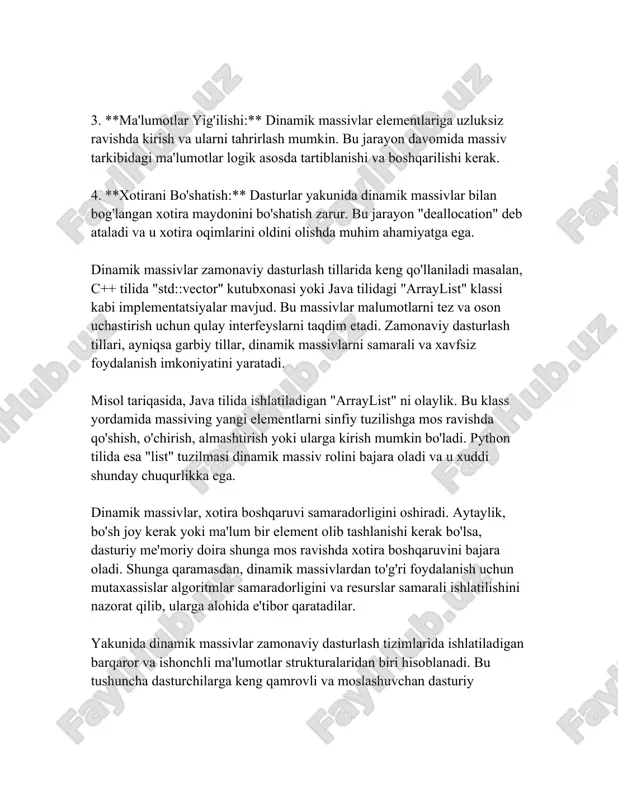 shundaki, c++ va javadagi dinamik massivlar real vaqt tizimlarida yoki katta hajmdagi ma'lumotlar bilan ishlaydigan dasturlarda ishlatilganda, javob vaqtida biroz kechikish kuzatilishi mumkin. bu kechikish massiv hajmini oshirish jarayonida yuzaga keladi. foydalanuvchilar uchun asosiy e'tibor qaratilishi kerak bo'lgan narsa – ushbu jarayonlar fon xotira vaqti va qobiliyatlaridan qanday foydalanishini tushunishdir. python dasturlash tili bo'yicha esa `list` obyekti dinamik massiv sifatida ishlaydi. python uchun ham xuddi javada bo‘lgani kabi sxema bo‘yicha massivlar hajmi oshiriladi. masalan, pythonning qayta o'sish tizimi odatiy holatda belgilangan hajm tugaganda mavjud hajmning 1.125 (1/8) qismi hisobida o'sirilishi mumkin. shu sababli, python list tuzilmasi ma'lumotlarga qo'shimcha kiritish va qaytarish operatsiyalarida yengilroq va qulayroq bo'ladi. dinamik massivlar ma'lumotlarni saqlash va ularga tez kirish imkoniyatini ta'minlash sifatida keng qo'llaniladi. ular, ayni paytda massivdan ma'lumot olib tashlash yoki ularni kiritish zarur bo‘lib turganda juda mos keladi. xususan, katta hajmdagi ma'lumotlar bilan ishlashda, massivning ortiqcha hajm yoki kamlik muammosi mavjud. ko‘rinib turibdiki, …