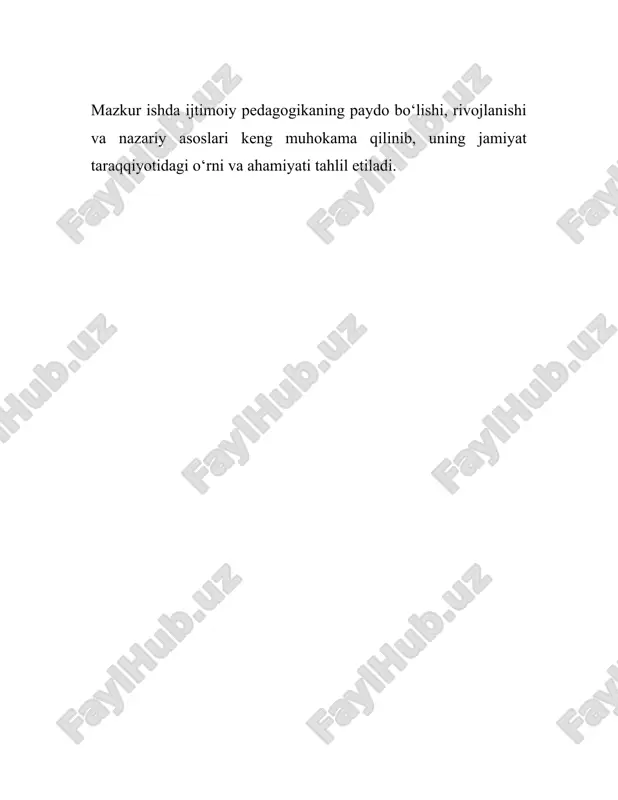 arini yaratgan va ijtimoiy muhitning tarbiyaviy imkoniyatlarini oshirish orqali individning rivojlanishini ta'minlash g'oyasini oldinga surdi. shu bilan bir qatorda, rossiyada ijtimoiy pedagogika 1917 yilgacha juda kam rivojlangan edi. sovet davrida ijtimoiy pedagogika yana bir muhim bosqichni bosib o'tdi. sovet ittifoqi davrida davlat tarbiyaning boshqarilishiga katta e'tibor qaratdi va bolalar va o'smirlarning ijtimoiy muhitda rivojlanishini nazorat qilish maqsadida turli dasturlar va loyihalar ishlab chiqildi. 1980-yillarda pedagogika sohasida yangi yo'nalishlar paydo bo'ldi va ijtimoiy pedagogikaga bo'lgan qiziqish ortdi. 1989-1991 yillarda sovet ittifoqining parchalangan davrida o'rta osiyo davlatlarida, shu jumladan, o'zbekistonda ijtimoiy pedagogikaning rivojlanishi yangi bosqichga ko'tarildi. mustaqillik davrida pedagogikada turli islohotlar amalga oshirildi va ijtimoiy pedagogikaning dolzarbligi oshdi. ushe paytdan beri davlat siyosatida bolalar va yoshlarga ijtimoiy-pedagogik xizmatlar ko'rsatishga qaratilgan chora-tadbirlar faol amalga oshirilmoqda. ko'p mamlakatlarda ijtimoiy pedagogika mutaxassisligini tayyorlashda universitet darajasidagi ta'lim muhim ahamiyat kasb etadi. masalan, germaniyada ijtimoiy pedagogikaning bakalavr va magistr dasturlari mavjud. o'zbekistonda pedagogika va psixologiya institutlari va …
