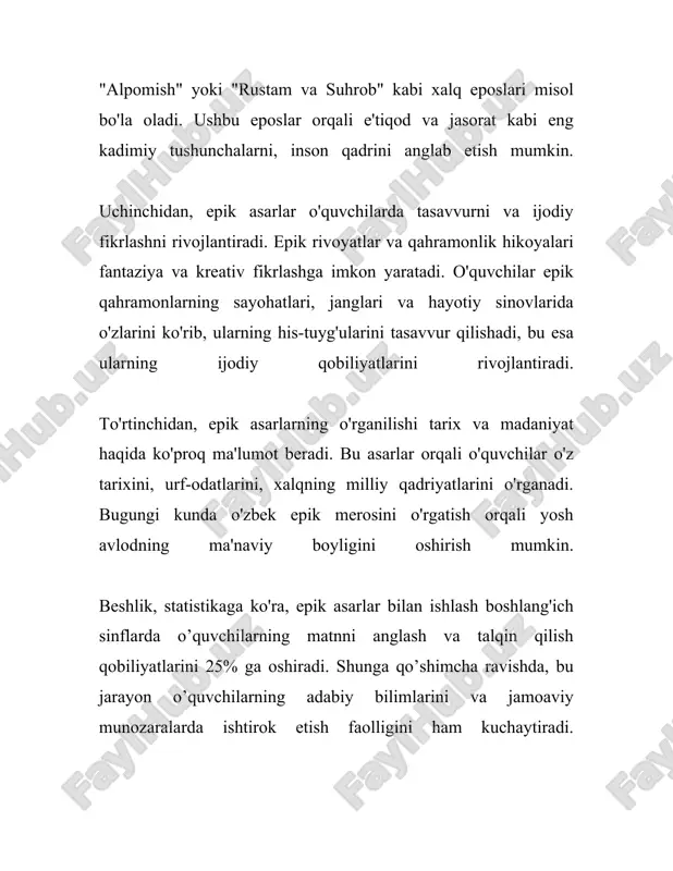 rini ochib beruvchi axborot bilan ta'minlanadi va ko‘rsatilib berilishi rejalashtirilgan hikoyalar yoki asarlar ijro etiladi. 4. **baholash mezonlari**: - ovoz va talaffuz aniqligi, asarni to‘g‘ri tushunish va ifodalash ko‘nikmalari baholanadi. - ijro mahorati, jumladan, mimika, intonatsiya va ishtirokchi tomonidan yaratilgan umumiy taassurot muhim hisoblanadi. - boshlang‘ich sinf o‘quvchilarining yoshiga mos ravishda ham ikkiga ajratiladigan baholash mezonlari qo‘llanadi. 5. **tanlov natijasi va mukofotlar**: - ishtirokchilar orasidan eng yaxshi ijrochilar tanlab olinadi va mukofotlanadi. - g‘oliblarga kitoblar, diplomlar, esdalik sovg‘alari va boshqalar beriladi. - tanlov yakunida barcha ishtirokchilarga nomoddiy rag‘batlantirish vositalari ham qo‘llaniladi, masalan, maktabda nashr qilinadigan bulletinlarda alohida maqola yoki profil ochilishi. 6. **o‘tkazilgan tanlovlarning natijalari va statistik ma'lumotlar**: - mamlakatda o‘tkazilgan bunday tadbirlar natijasida o‘quvchilarning adabiyotni o‘rganishga qiziqishi oshib borganligi hamda ma'naviy-axloqiy tarbiyasida ijobiy natijalar qayd etilgan. - har yili o‘tkaziladigan tanlovlarda o‘rtacha 2000 dan oshiq bola ishtirok etadi. - o‘tkazilgan so‘rovlar natijasida 95% ishtirokchilar tanlovni qiziqarli va foydali deb …