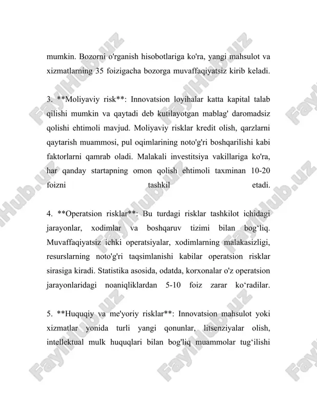 lar koʻpincha risklarni boshqarishda foydalidir. ular bozordagi narx o‘zgarishlari xavfini kamaytirishga yordam beradi. 7. riskni monitoring qilish va nazorat qilish: risklarni samarali boshqarish uchun doimiy ravishda monitoring qilish va nazorat qilish muhimdir. risklarni boshqarish strategiyalari vaqt o‘tishi bilan yangilanib, adekvat ravishda sozlanib turilishi kerak. 8. strategiyani qayta ko‘rib chiqish: har qanday risk boshqaruv strategiyasi doimiy ravishda qayta baholanib, kerak bo‘lsa o‘zgartirilishi zarur. tashkilotlar doimo o‘z faoliyatida yuzaga kelishi mumkin bo‘lgan yangi xavflarni ko‘rib chiqib, strategiyalarni shunga mos ravishda moslashtirishlari lozim. risklarni boshqarishning yuqorida sanab o‘tilgan usullari korxonalar va tashkilotlarga o‘z faoliyatlarida barqarorlikni saqlash, noaniqliklarni nazorat qilish va moliyaviy barqarorlikni kuchaytirish imkoniyatini beradi. maqsad — korxonaning uzoq muddatda muvaffaqiyatga erishishi uchun tavakkalchiliklarni eng maqbul darajada boshqarishdir. bu esa, o‘z navbatida, tijoriy maqsadlarga erishishda mustahkam poydevor yaratishga yordam beradi. 3. innovatsion loyihalarda tavakkalchilik darajasini baholash innovatsion loyihalarda tavakkalchilik darajasini baholash jarayoni moliyaviy, texnologik va bozor omillarini o'z ichiga oladi. ushbu jarayon ko'plab …