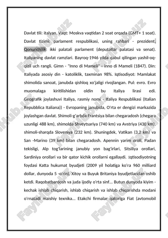 chegarasining 4/5 qismi dengizda. italiyaning qirg'oq chizig'i nisbatan kam ajratilgan va qulay ko'rfazlar kam. deyarli barcha yirik portlar sun'iy ravishda qurilgan. faqat italiyaning janubida tabiiy ko'rfaz va ko'rfazlarda (neapol, salerno, taranto, kalyari) portlar bor. tabiiy resurslar mineral resurslar. mamlakat hududi asosan foydali qazilmalarning asosiy turlariga boy emas. tug'ilgan joyi ko'mir(zaxiralari 1 mlrd. tonnadan kam) hozirda o'zlashtirilmagan. neft konlari (zaxiralari 91 mln. tonna) sitsiliyaning janubi -sharqida va adriatik tokchasida o'zlashtirilmoqda. sardiniya va sharqiy alp tog'larida polimetall rudalar konlari mamlakatning rux va qo'rg'oshinga bo'lgan ehtiyojining 1/3 qismini ta'minlaydi. surma rudasi va kinabar konlari bor (simob ishlab chiqarish uchun xom ashyo), ularning zaxiralari (toskandagi amiata vulqon massivida) italiya dunyoda etakchi o'rinni egallaydi. mamlakat ichaklari qurilish uchun xom ashyolarga boy, birinchi navbatda, marmar (toskanadagi karrari shahrida), qadimgi rimliklar haykallar yasash va binolarni bezash uchun ishlatgan. rekreatsion resurslar dam olish va turizmning asosiy yo'nalishlari alp tog'lari, italiya rivierasi, neapol ko'rfazlari haqida. kapri, markaziy italiya, sitsiliya, …