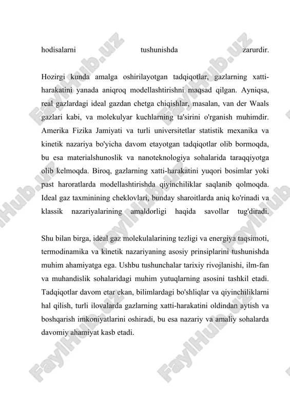 tik nazariyasi, shuningdek, gazlarning har xil sharoitlarda qanday harakat qilishini va qanday qilib energiya taqsimotining o'zgarishini tushunishga imkon beradi. shunday qilib, maxwell-boltzmann taqsimoti ideal gazlar uchun molekulalar tezligi va energiya taqsimotini ko'rsatishda juda muhim rol o'ynaydi. bu nazariya, gazlar dinamikasi va energetikasi, shuningdek, kimyoviy jarayonlarni o'rganish uchun zarur bo'lgan nazariy asosni taqdim etadi. o'zaro ta'sirlar va boshqa omillarni hisobga olgan holda, bu taqsimot haqiqiy gazlar uchun ham qo'llanilishi mumkin, bu esa bizga gazlarning murakkab xususiyatlarini tushunishga yordam beradi. ii. ideal gazlarning energiya taqsimoti va hisoblash usullari ideal gazlar molekulalarining energiya taqsimoti ularning kinetik energiyasi bilan bog'liq bo'lib, bu taqsimot maxwell-boltzmann taqsimoti orqali ifodalanadi. ideal gazlar nazariyasi asosan gaz molekulalarining harakatini va energiyalarini tavsiflaydi, bunda gaz molekulalari o'rtasidagi o'zaro ta'sirlar minimal hisoblanadi. bunday sharoitda, har bir molekulaning kinetik energiyasi quyidagi formula orqali aniqlanadi: ke = 1/2 mv², bu yerda m - molekulaning massasi, v - uning tezligi. kinetik energiya har doim …
