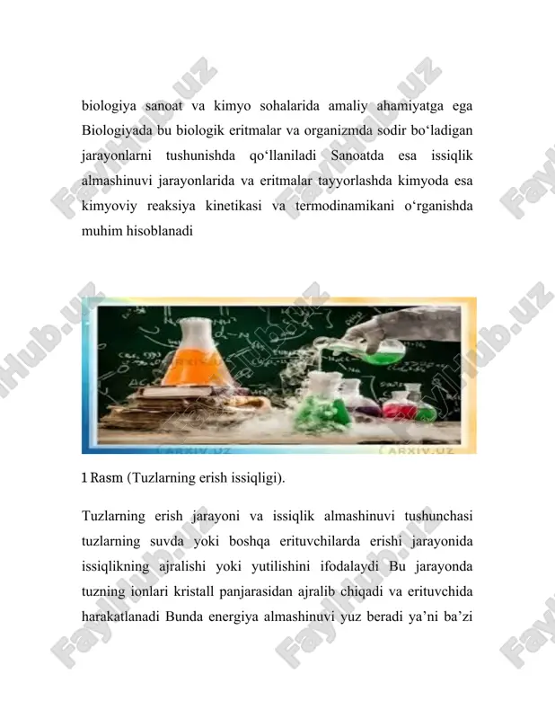 yoki asosli moddalarning qo‘shilishiga qarshi kurashadi. bufer eritmalar ko‘plab sohalarda, jumladan, kimyo, biologiya, tibbiyot va sanoatda qo‘llaniladi. masalan, biologik tizimlarda (qon, hujayra ichidagi suyuqliklar) ph barqarorligini ta'minlashda, fermentlar faoliyatini saqlashda, shuningdek, tibbiy diagnostika va davolash jarayonlarida muhim ahamiyatga ega. kimyo laboratoriyalarida buferlar reaksiyalarni boshqarish va tahlillarni amalga oshirishda keng ishlatiladi. buferlarning kimyoviy tarkibi va mexanizmi bufer eritmalarining kimyoviy tarkibi ikki asosiy komponentdan iborat: kuchsiz kislota (masalan, sirka kislotasi) va uning tuzi (masalan, natriy asetat), yoki kuchsiz asos (masalan, ammoniy gidroksid) va uning tuzi (masalan, ammoniy xlorid). bufer eritmalari asosan kislota-baza reaksiyalari orqali o‘z ph qiymatini saqlaydi. mexanizmga kelsak, buferlar qo‘shilgan kislota yoki asosni neytrallash orqali ph qiymatini barqarorlashtiradi. agar kislota qo‘shilsa, bufer eritmasidagi asoslar h⁺ ionlarini qabul qiladi, shuning uchun ph pasaymaydi. agar asos qo‘shilsa, bufer eritmasidagi kislotalar oh⁻ ionlarini neytrallash orqali ph darajasini saqlaydi. bu jarayonlar le shatelye printsipi asosida ishlaydi, ya'ni buferlar ionlarni qabul yoki ajratish orqali tizimdagi …