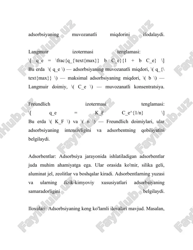 a yuzasidan moddalarning chiqib ketishi jarayonidir. bu jarayon ko'pincha issiqlik, vakuum va boshqa energiya turlarining qo'llanilishi orqali amalga oshiriladi. desorbsiya jarayoni gazlar yig'ilishida keng qo'llaniladi, masalan, gaz sig'adigan silindrlar yoki katalizatorlar yuzasida yig'ilgan moddalardan tozalash paytida. adsorbsiya va desorbsiya jarayonlari kimyo sanoatida, masalan, aktivlashtirilgan uglerod yordamida turli moddalardan tozalash, hava filtratsiyasi va gazlarni ajratish uchun muhimdir. aktivlangan uglerodning yuqori yuzasi va mikroporoz strukturasini hisobga olib, bu adsorbent ko'pincha kiruvchi moddalarni tozalashda samaraliroq bo'ladi. misol uchun, suvdan organik ifloslantiruvchi moddalarni olib tashlashda aktivlangan uglerod adsorbent sifatida keng qo'llaniladi. amaliyotda bu jarayonlarning samaradorligini oshirish uchun turli materiallar va texnologiyalar ishlab chiqiladi. xususan, nanomateriallar, masalan, uglerod nanotubalari va grafen, adsorbent sifatida katta potensialga egadir, chunki ular katta yuzaga va kimyoviy o'zgarishlarni kiritish qobiliyatiga ega. umuman olganda, adsorbsiya va desorbsiya jarayonlari o'zining keng doiradagi qo'llanilish maydoni tufayli hozirgi vaqtda yangi materiallar va texnologiyalarni yaratlishda katta qiziqish uyg'otmoqda. bu jarayonlarning nazariyasi va amaliyoti har yili …