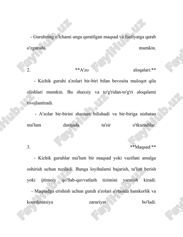 ish jarayonini tezlashtirishdir. samarali liderlar guruh a'zolarining yangi ko'nikmalarni o'zlashtirish jarayonini 20% tezlashtirishi mumkin. 7. **yaratayotgan qarorlar sonini 15% gacha oshirish**: kichik guruhda kuchli liderlik a'zolarning qat'iy jihatdan va aniq maqsadlarga yo'naltirilgan qarorlar qabul qilishlariga yordam beradi. bu esa qaror qabul qilish samaradorligini 15% gacha oshirish imkonini beradi. 8. **ishonchni oshirish**: liderlik ishonchni 35% gacha oshirishi mumkin. ishonchli liderlar guruh a'zolari o'rtasidagi aloqalarni o'rnatadi, bu esa ichki birlik va ishonch darajasining oshishiga olib keladi. ushbu raqamlar va faktlar kichik guruhlarda liderlikning qanday muhim rol o'ynashini ko'rsatadi. kuchli liderlik nafaqat guruhning samaradorligini oshiradi, balki a'zolar o'rtasidagi kommunikatsiya, motivatsiya va ishonchni ham mustahkamlaydi. har bir jamoada liderlikning to'g'ri amalga oshirilishi guruh maqsadlariga erishishni ta’minlashda hal qiluvchi omil hisoblanadi. 3. guruh a'zolari o'rtasidagi kommunikatsiya 3. guruh a'zolari o'rtasidagi kommunikatsiya juda muhim mavzulardan biri hisoblanadi. ushbu mavzu doirasida guruh a'zolari o'rtasidagi muvaffaqiyatli aloqa tizimlari va strategiyalari haqida manbalar va tadqiqotlardan olingan ma'lumotlarni ko'rib chiqamiz. …