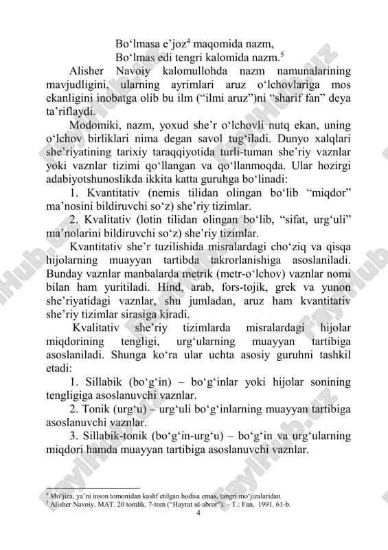 v – – v – – – – – – – bu satrlarda bo‘g‘inlar soni (11 ta) hamda urg‘ularning muayyan tartibi (uchinchi, oltinchi, to‘qqizinchi va o‘n birinchi 6 hijolarda) mavjud.6 biroq cho‘ziq va qisqa hijolarning tartibi doimiy emas. xususan, 1-misraning 4-hijosi (mak) cho‘ziq bo‘lsa, keyingi misraning shu hijosi (fi) qisqadir. 3-misol: пуска'й ты вы'пита други'м, = 8 ta hijo, urg‘u – 2, 4, 8 но мне' оста'лось, мне оста'лось = 9 ta hijo, urg‘u – 2, 4, 8 твои'х воло'с стекля'нный ды'м = 8 ta hijo, urg‘u – 2, 4, 8 и гла'з осе'нняя уста'лость.7 = 9 ta hijo, urg‘u – 2, 4, 8 bu she’riy bandda bo‘g‘inlar soni ikki xil (8 va 9), lekin asosiy urg‘ular to‘rtala misrada ham bir xil tartibda, ya’ni ikkinchi, to‘rtinchi va sakkizinchi bo‘g‘in yoki hijolarga to‘g‘ri keladi. demak, bu she’rda ham bo‘g‘in va urg‘u qoidalariga (sillabik-tonik) amal qilingan. biroq misralardagi bo‘g‘inlarning cho‘ziq va qisqaligi …