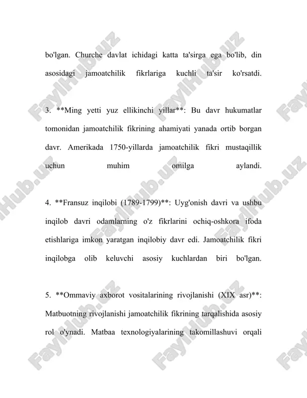etdan foydalanib, ulardan 4.5 milliard kishi faol ravishda ijtimoiy tarmoqlardan foydalanadi. bu ko'rsatkichlar orqali jamoatchilik fikrini ijtimoiy tarmoqlar orqali o'rganishning qanchalik muhimligini anglash mumkin. turli mamlakatlarda jamoatchilik fikri turlicha namoyon bo'lishi mumkin. masalan, ba'zi davlatlarda aholi hukumat ishi yoki siyosiy partiyalar haqida ko'proq ochiqcha fikr bildirishsa, boshqa davlatlarda esa bu narsa cheklangan bo'lishi mumkin. bunday hollarda jamoatchilik fikrini so'rovlar orqali emas, balki boshqaruv tizimiga bo'lgan munosabatlar yoki noroziliklarni o'rganish orqali tushunish mumkin bo'ladi. jamoatchilik fikri tadqiqotlari natijalari faqat ommaviy axborot vositalariga taalluqli bo'lmasdan, balki siyosiy qaror qabul qilish jarayonlariga, marketing strategiyalariga, ijtimoiy loyihalarga ham katta ta'sir ko'rsatadi. shu tariqa, jamoatchilik fikri tushunchasi va uni o'rganish ijtimoiy hayotning muhim tarkibiy qismi sifatida ahamiyatga ega. 3. jamoatchilik fikrining shakllanishi jamoatchilik fikrining shakllanishi — bu jamiyatdagi turli ijtimoiy guruhlar va individlarning dinga, siyosatga, iqtisodiyotga va boshqa ijtimoiy muammolarga bo'lgan munosabatlarini ifodalaydi. u turli omillar ta'sirida shakllanadi hamda bu jarayonda ommaviy axborot vositalari va …