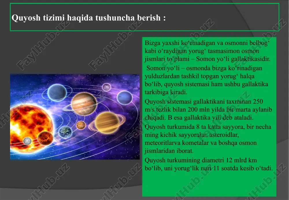 arga ko‘ra fanda 1000 dan ortiq dumli yulduzlar hisobga olingan. barcha dumli yulduzlar tuman pardasidan iborat –yadro, gaz qoplami va dum kabi uch qismdan iborat. chunki ular quyoshga yaqinlashganda kuchli yallig‘lanib, yorug‘liq socha boshlaydi. shu boisdan ularning bir yoki bir necha yo‘nalishda dumlari shakllanadi, va quyoshdan teskari tomonga cho‘zilib turadi. ba’zan kometalarning dumlari 900 mln km ga qadar yetadi. yer sayyorasi: yer aniq shar shaklida emas, balki ellipsoid (geoid) ko‘rinishidadir. uni tashqi tomondan havo qobig‘i o‘rab turadi va ushbu qatlam atmosfera deb ataladi. uning qalinligi 500 km dan 2000 km gacha yetadi. atmosfera qobig‘i turli gaz va suv bug‘laridan tashkil topgan. atmosferaning quyi chegarasi suv va qattiq qatlam bilan tutashadi. yerning 71% suv dengizlar o‘rab turganligi uchun ikkinchi qatlam deya gidrosferani bilamiz. gidrosferaning o‘rtacha qalinligi 4000 metr atrofidadir. yerning qolgan 22% quruqlikdan iboratdir, ya’ni qattiq jismlarldan iborat bo‘lib u litosfera deb ataladi, ya’ni “litos” yunon tilida – tosh, “sfera”-qobiq degan …