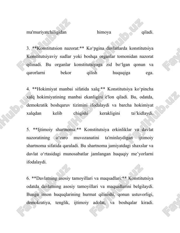 aro standartlarga mos keladi. 4. **davlat boshqaruv tizimi**: konstitutsiya davlatning boshqaruv shaklini, masalan, respublika yoki monarxiya, federal yoki unitar tuzilishini belgilaydi. u davlat organlarining tuzilishi va faoliyatini, shuningdek, mahalliy boshqaruv organlarining mavjudligini va ularning vakolatlarini belgilab beradi. 5. **demokratiya asoslarini belgilash**: konstitutsiyalar ko'pincha davlatdagi xalq hokimiyatini ta'minlash uchun demokratik jarayonlarni belgilab beradi. bunga saylov tizimi, saylov huquqi va siyosiy partiyalar faoliyati kabi elementlar kiradi. demokratik tizim vositasida fuqarolar o'z vakillarini saylash va davlat siyosatiga ta'sir o'tkazish huquqiga ega bo'ladilar. 6. **xalqaro majburiyatlar**: konstitutsiya ko'pincha davlatning xalqaro arenadagi majburiyatlariga ham urg'u beradi. u inson huquqlari, ekologik masalalar va boshqa xalqaro standartlarga rioya qilish to'g'risidagi siyosiy majburiyatlarni o'z ichiga olishi mumkin. 7. **mustaqillik va suverenitetni himoya qilish**: konstitutsiya davlatning mustaqilligi va suverenitetini belgilab beradi. u davlatning hududiy yaxlitligini va siyosiy mustaqilligini ta'minlashga yordam beradi va har qanday tashqi aralashuvlardan himoya qiladi. 8. **iqtisodiy sistema**: bozor iqtisodiyotiga yoki rejalashtirilgan iqtisodiyotga asoslangan iqtisodiy tuzilmani …