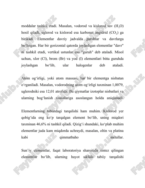 nidagi roli katta. masalan, uglevodlar (glyukoza, c₆h₁₂o₆) hujayralar uchun asosiy energiya manbai hisoblanadi. ayni vaqtda yog'lar, oqsillar va nuklein kislotalar ham hayot uchun muhimdir. yog'lar gidrofobik molekulalar bo'lib, ular lipid deb ham ataladi, masalan, triglitseridlar. oqsillar aminokislotalardan tashkil topgan zanjirlar bo'lib, ular hujayralar faoliyatining ko'plab tomonlarini boshqaradi. oxirgi yillarda organik kimyo fanida nanotexnologiyalar va biomateriallar kabi yangi sohalar rivojlanmoqda. misol uchun, uglerod nanotubalari va grafen materiallarning tuzilishida va elektr o'tkazuvchanlik xususiyatlarida inqilobiy o'zgarishlar qilish imkoniyatini beradi. ko'rinib turibdiki, organik birikmalar kimyo va biologiyaga oid juda ko'p masalalarni qamrab oladi va ularning tadqiqi har kuni yangilanib, kengayib bormoqda. 3. anorganik birikmalar anorganik birikmalar — bu organik bo'lmagan moddalarning katta guruhiga kiruvchi kimyoviy birikmalardir. bu turdagi birikmalar asosan, tabiatda keng tarqalgan minerallar va gazlardan iborat. anorganik kimyo aynan shu turdagi moddalarning tuzilishi, xossalari va reaksiyalarini o'rganadi. quyida anorganik birikmalar haqida ba'zi asosiy ma'lumotlarni keltirib o'tamiz. anorganik birikmalar asosan metall va metallmas elementlardan …